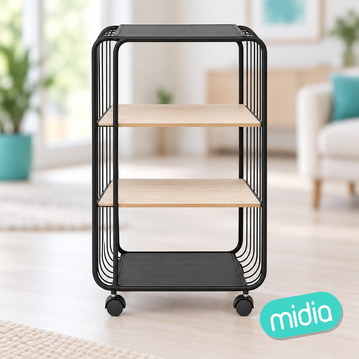 Estante con ruedas 3 niveles metal y madera negra
