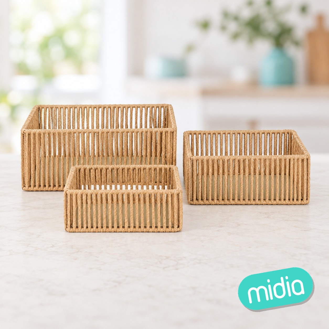 Lote de 3 cestas rectangulares Ali metal y papel natural