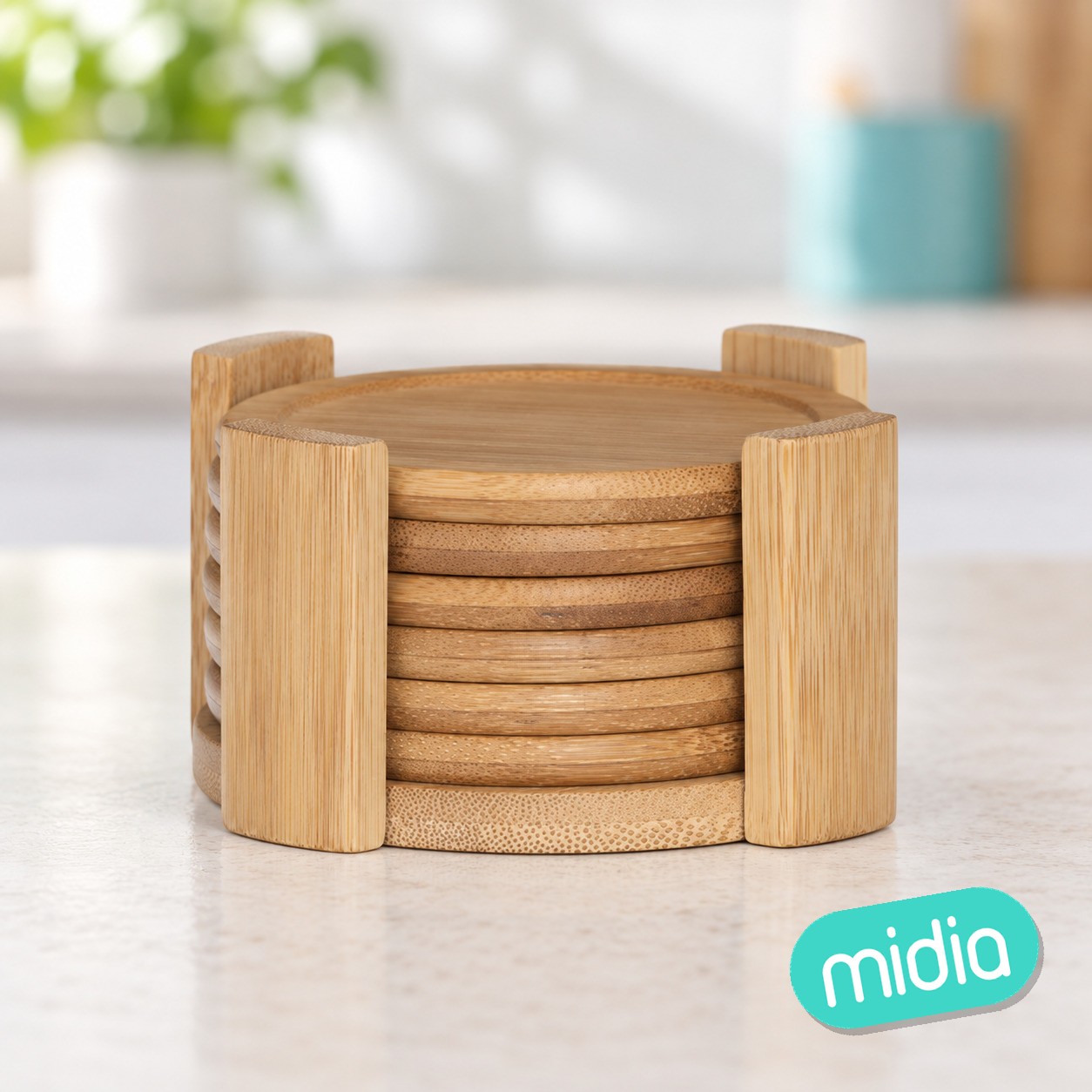 Juego de 6 posavasos de 10 cm diám. con soporte de bambú