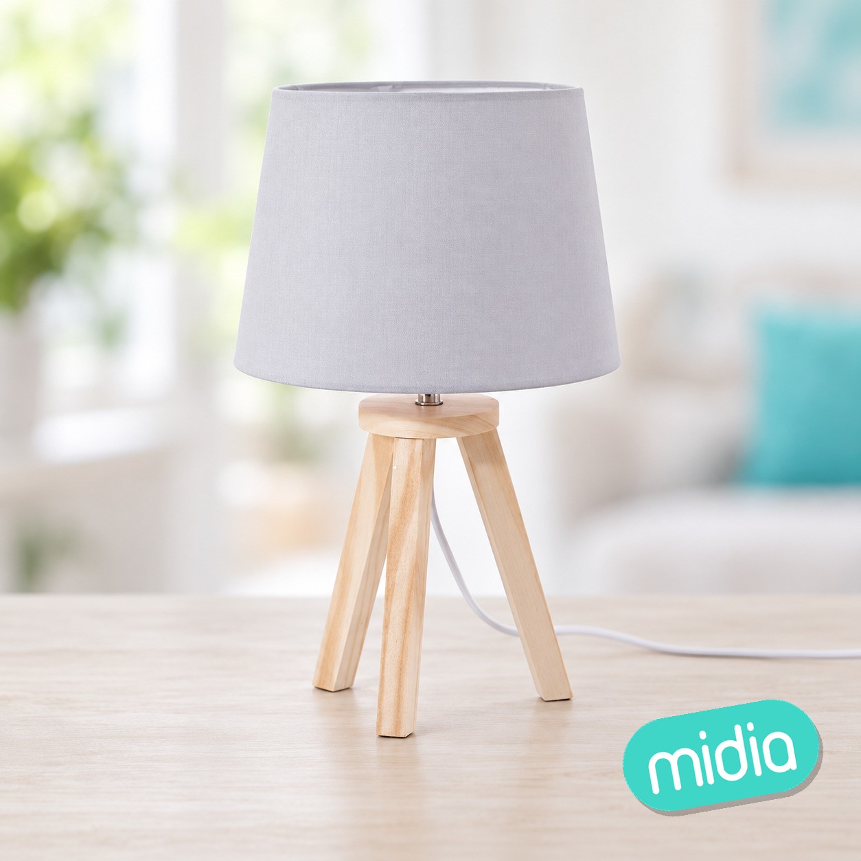 Lámpara trípode madera gris, 30 cm de alto