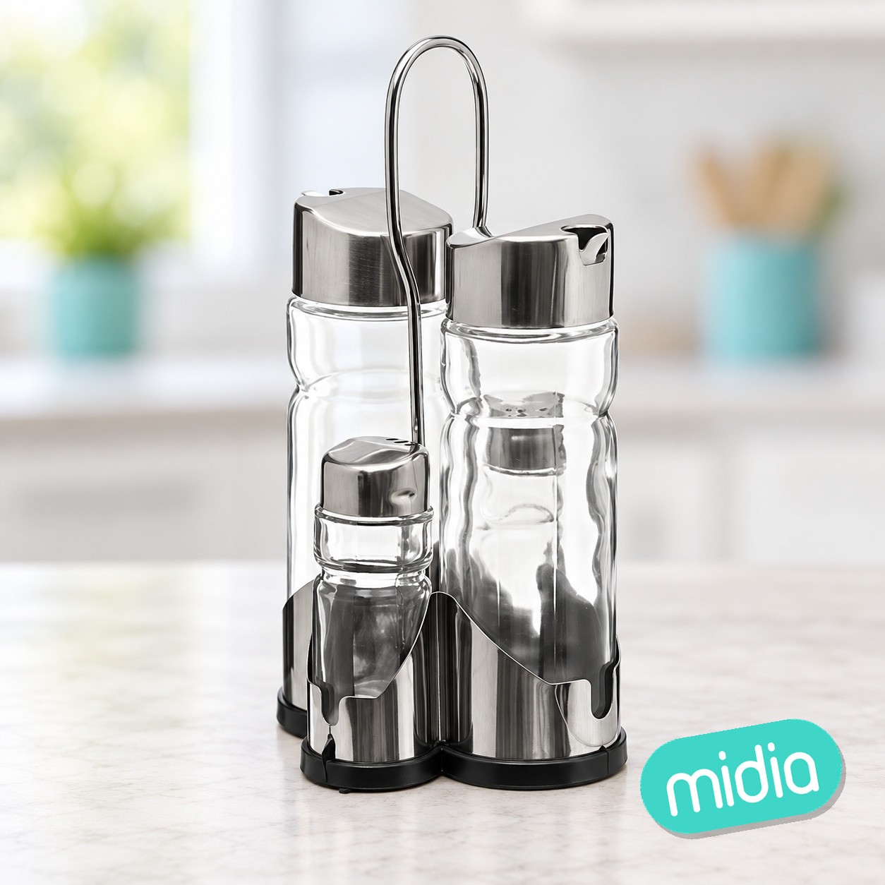 Juego de botellas para aceite y vinagre de 0,17 l, salero y pimentero con soporte