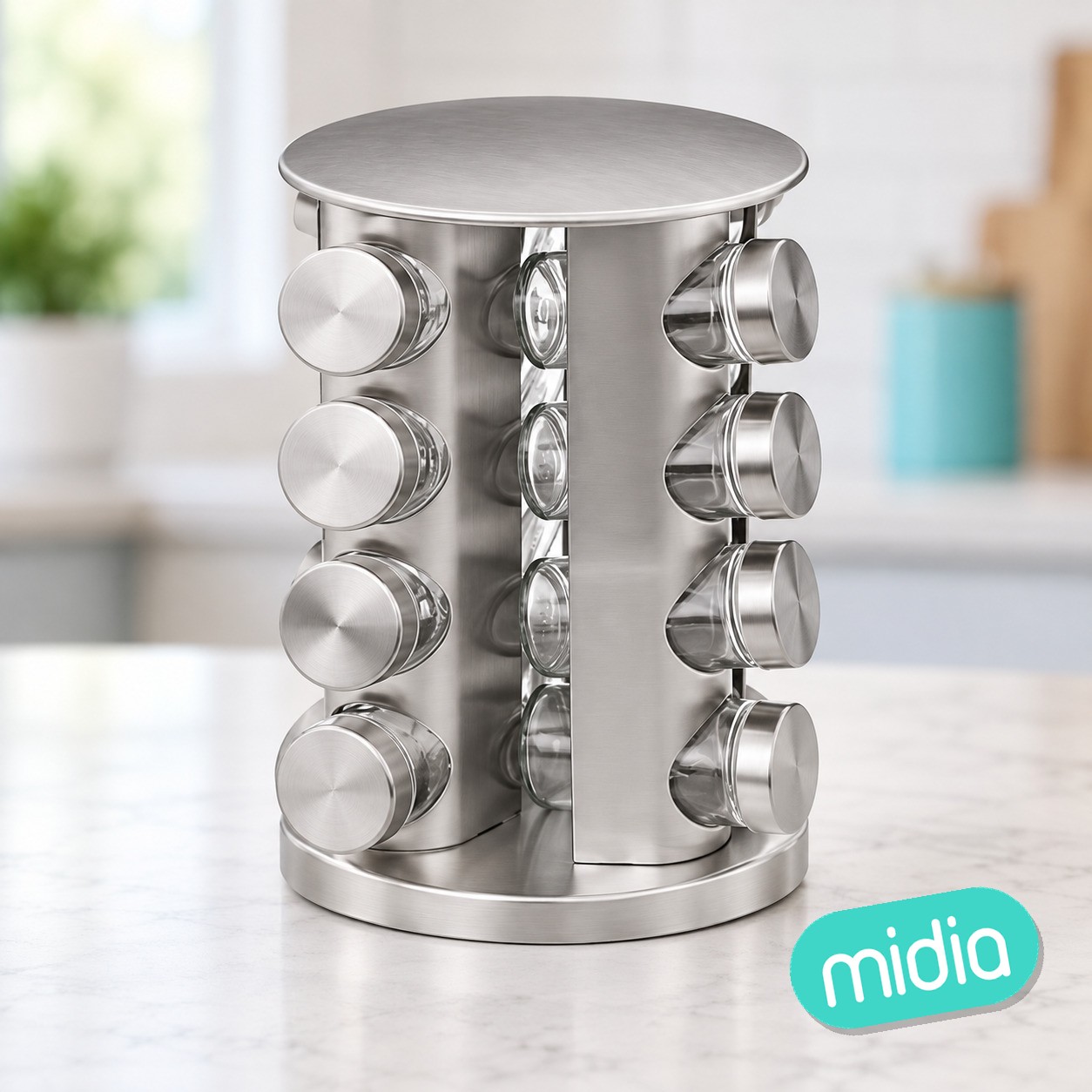 Soporte giratorio de acero inoxidable con 16 botes de especias de cristal