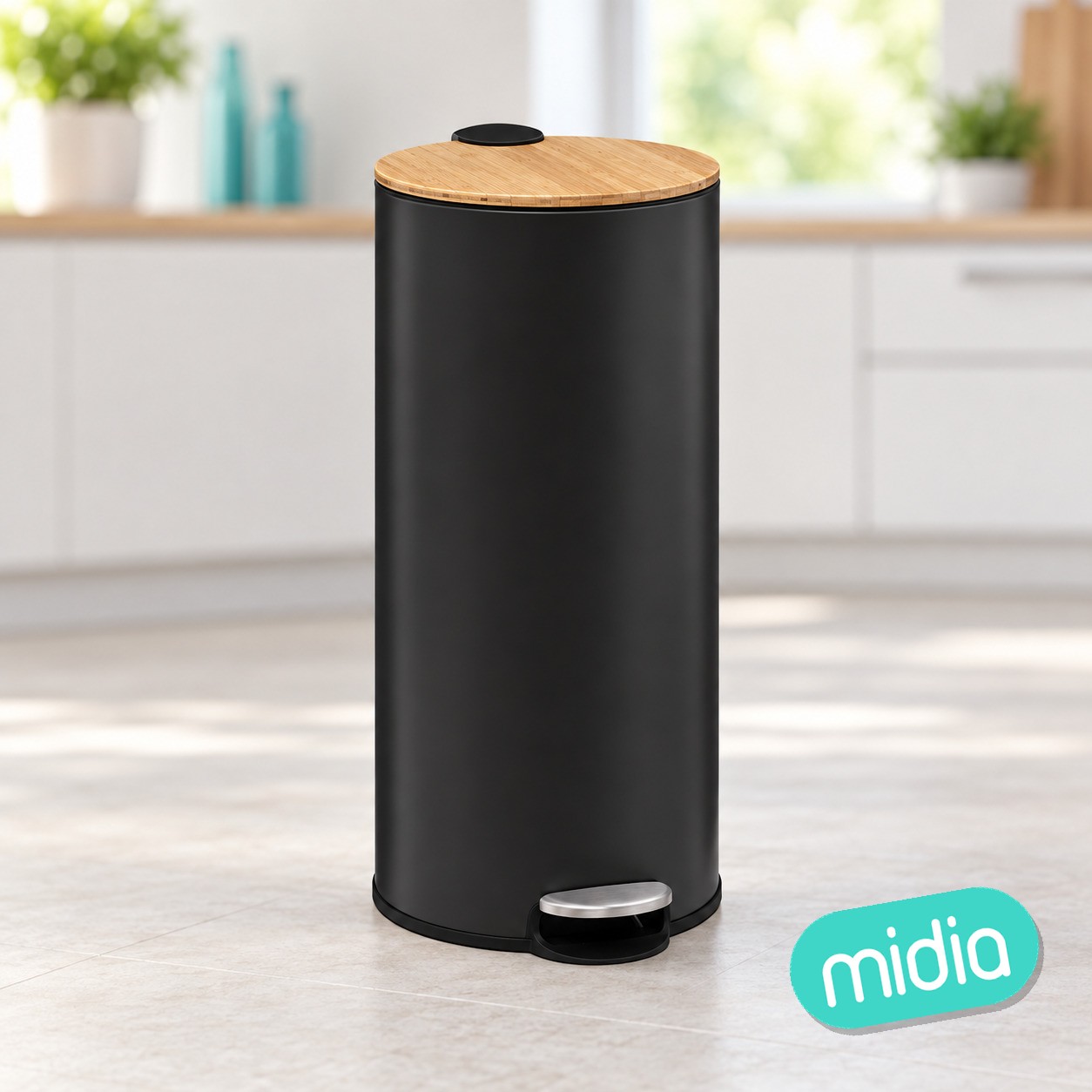 Cubo de basura con pedal de metal y bambú negro Modern color 30 l