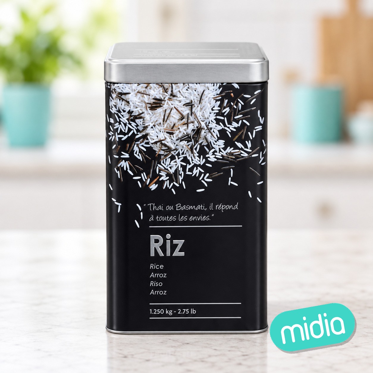 Bote para arroz de metal en relieve Black Edition