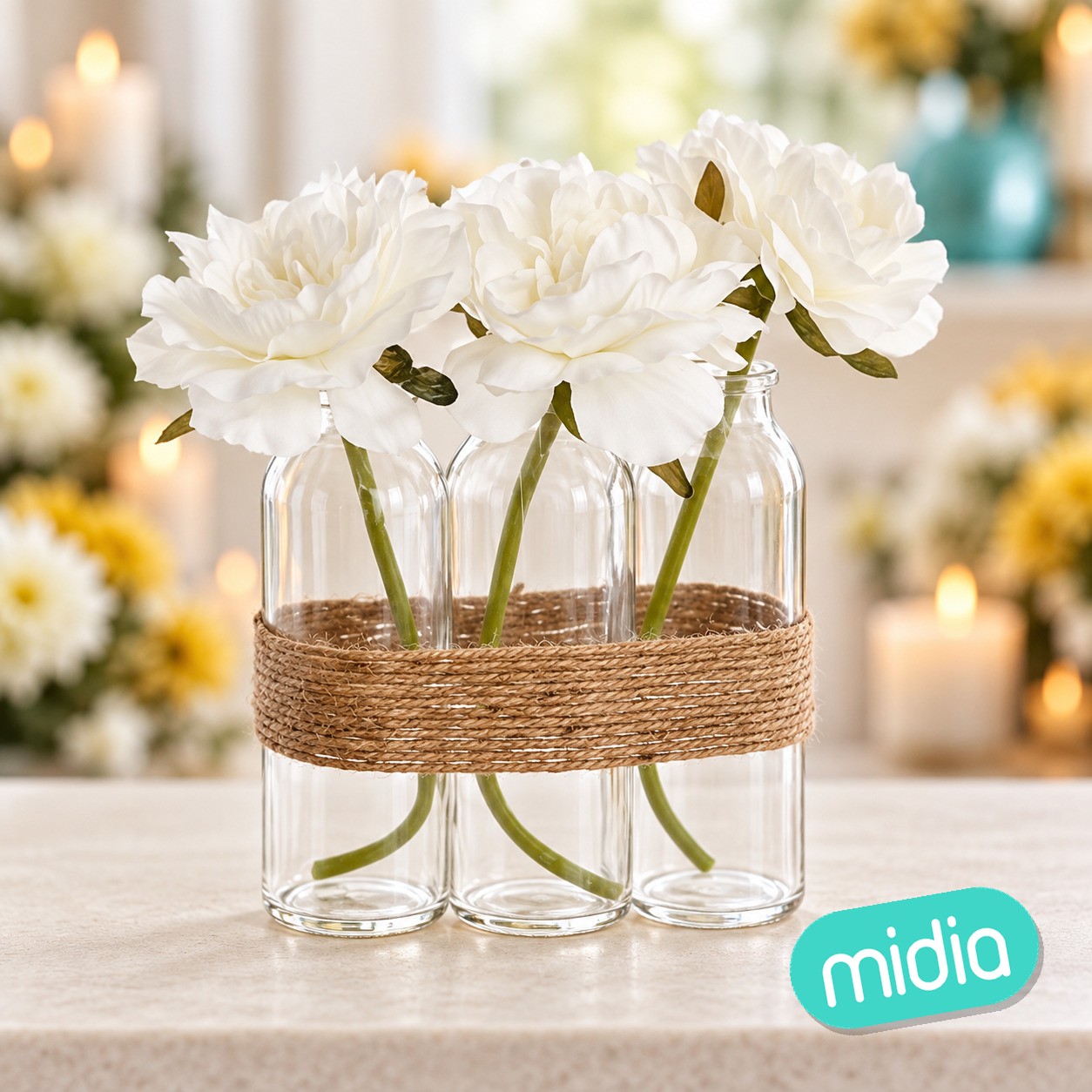 Arreglo 3 rosas con tubos cristal blanco, 23 cm de alto