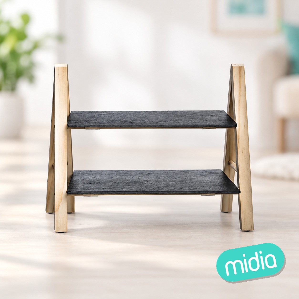 Expositor de pizarra y madera de 2 alturas