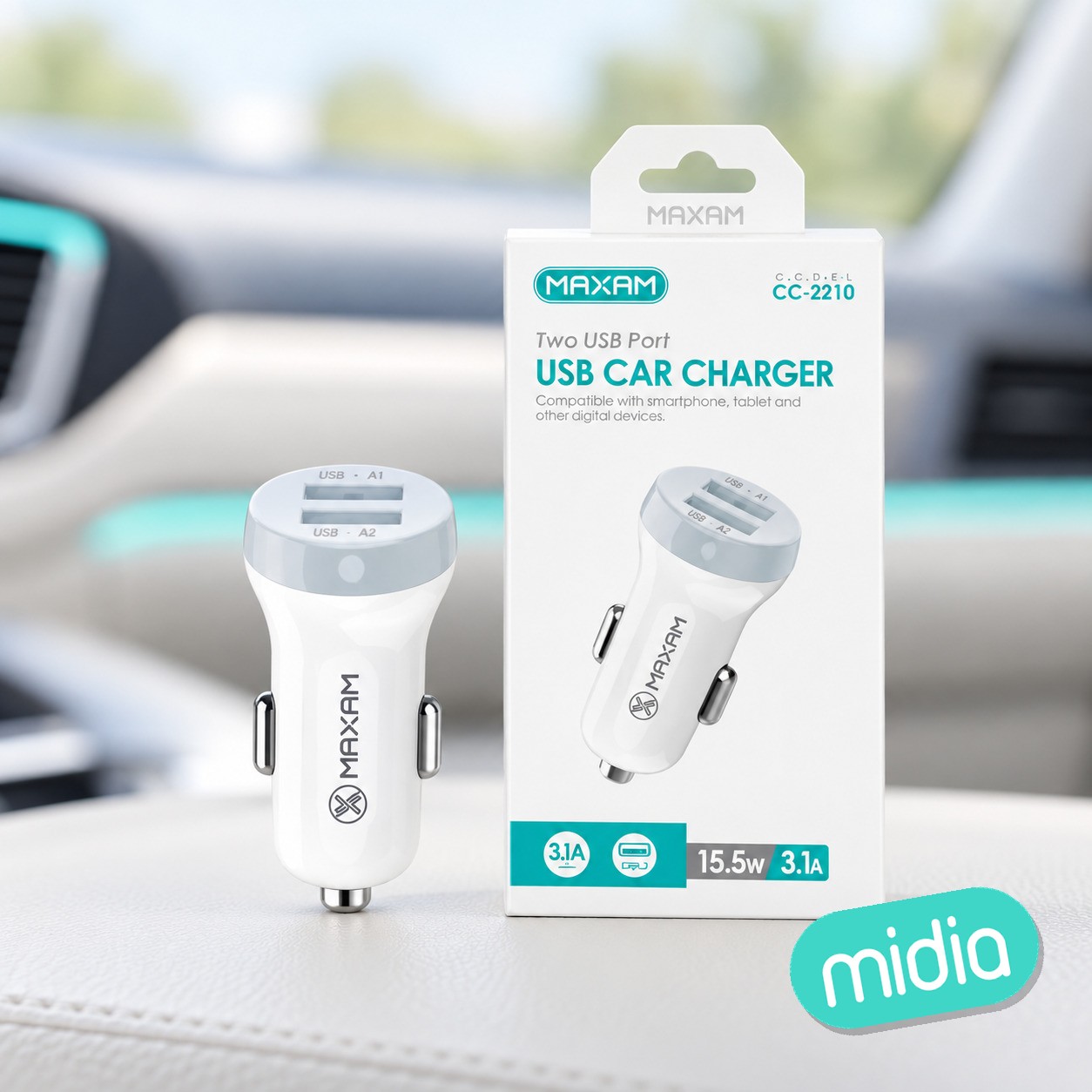 CC-2210 blanco y gris, cargador de coche de doble puerto de 3,1A