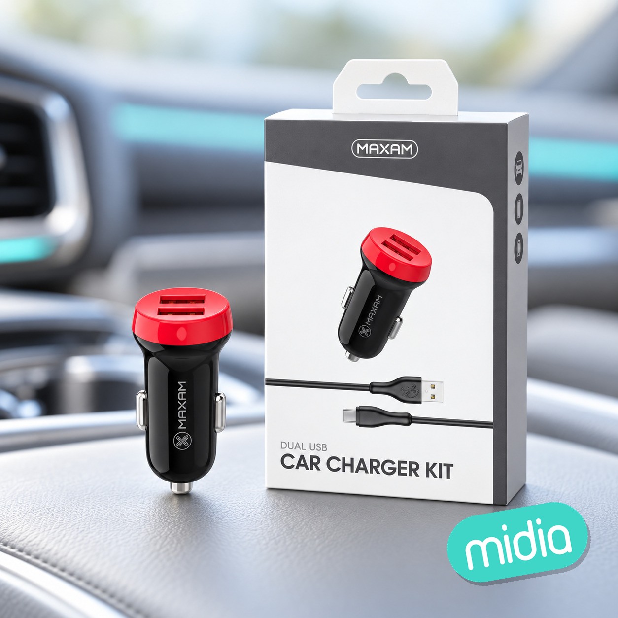 TZ-2203C Negro y Rojo 2USB/3.1A 1M Cable Tipo-C CARGADOR DE COCHE