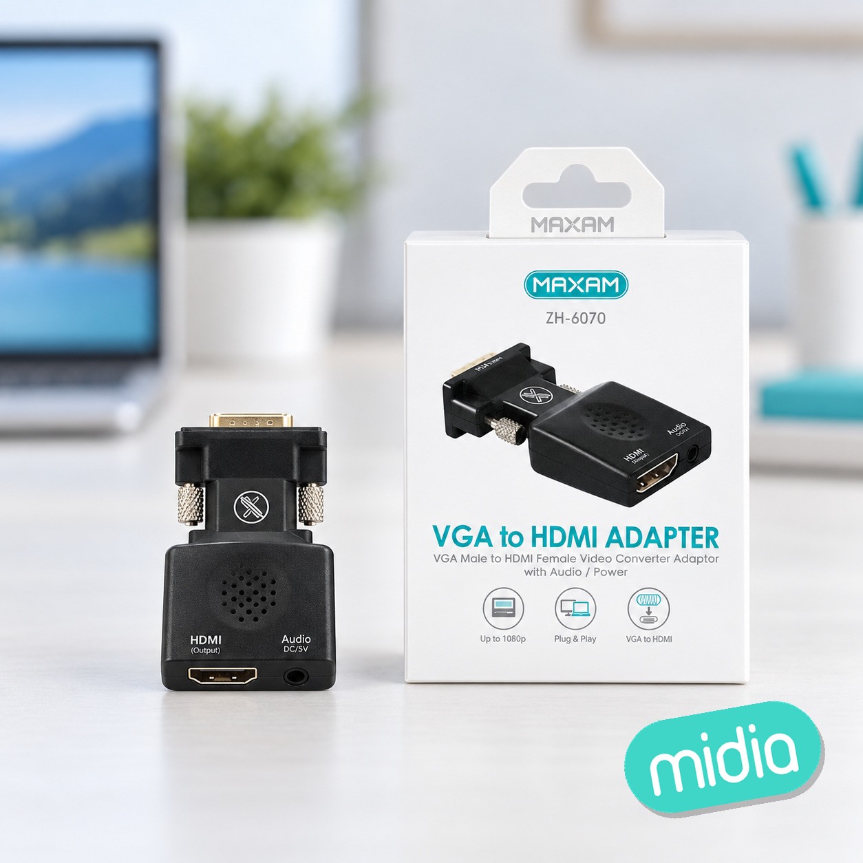 ZH-6070 Adaptador negro de VGA a HDMI con audio