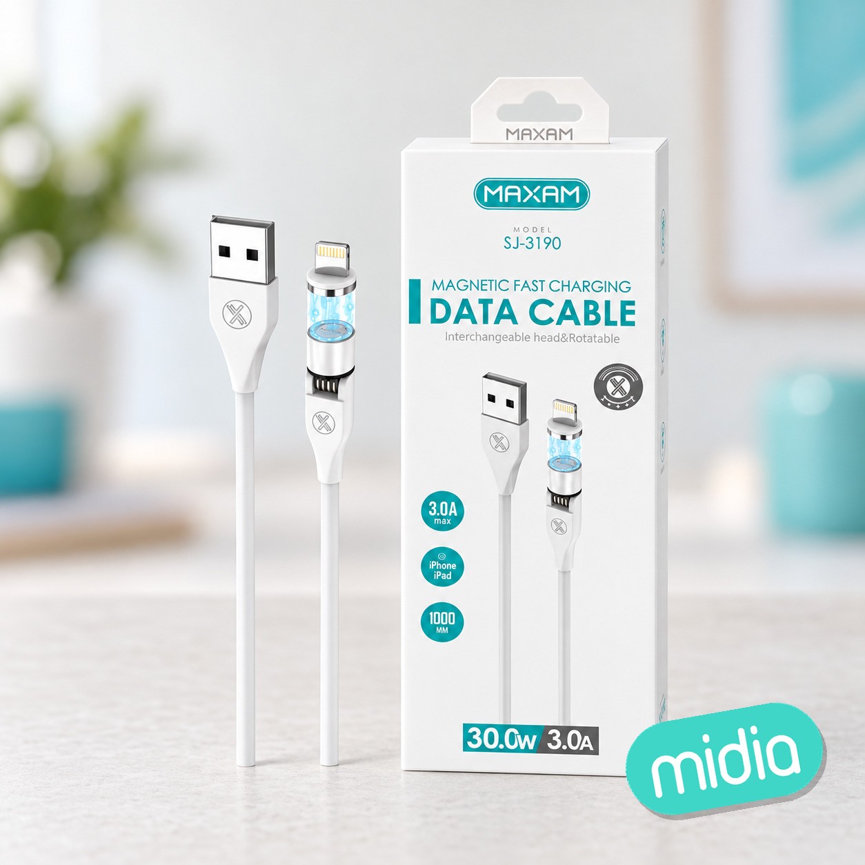 SJ-3190 Cable de datos Lightning blanco 3A/1M de carga rápida magnética