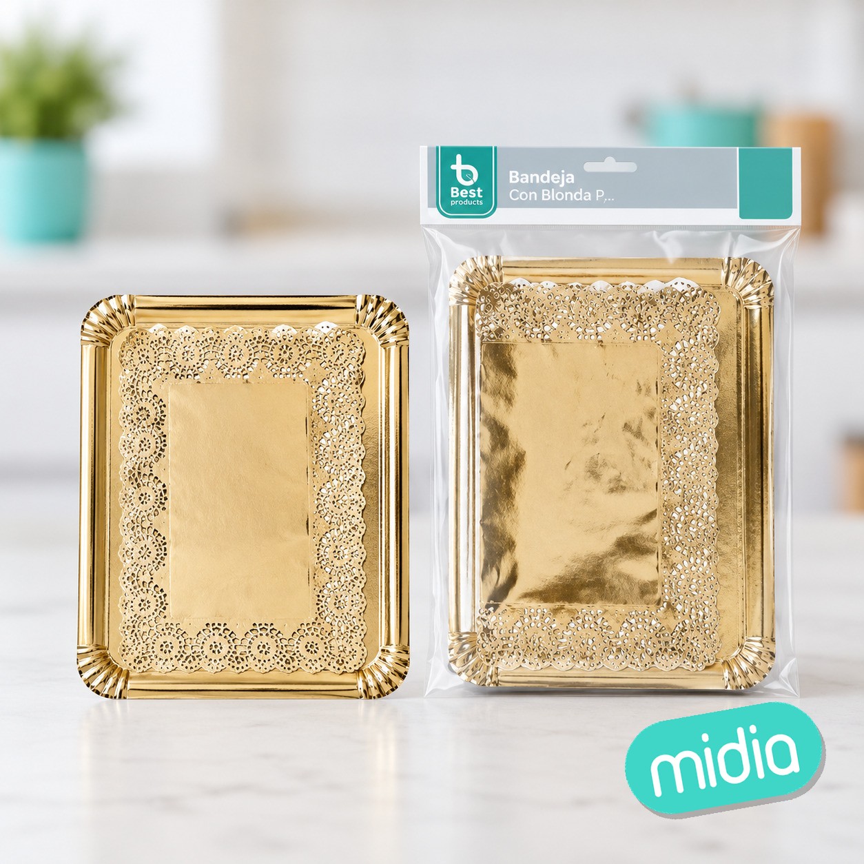 Bandeja rectangular + blonda oro 22 x 28 cm