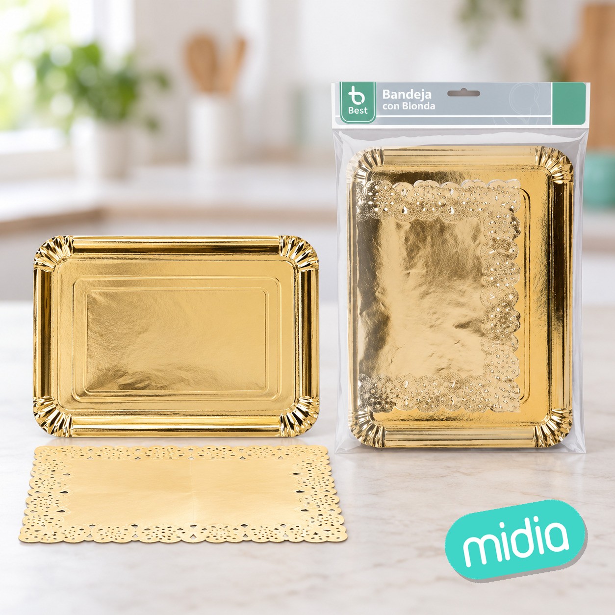 Bandeja rectangular + blonda oro 25 x 34 cm