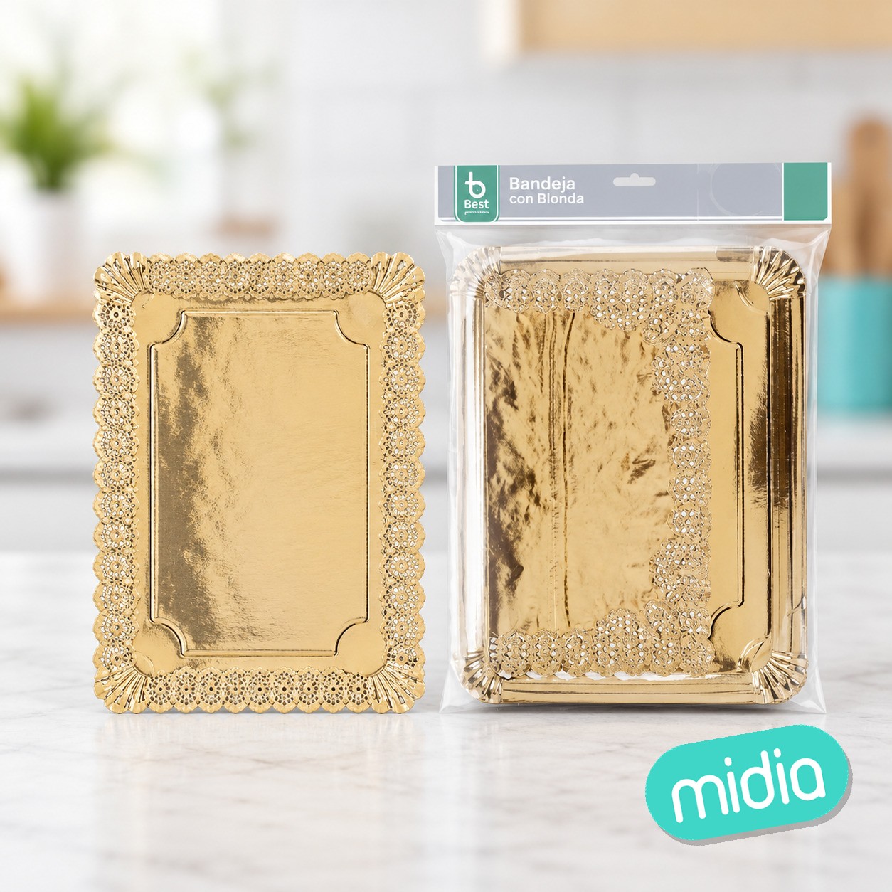 Bandeja rectangular + blonda oro 31 x 38 cm
