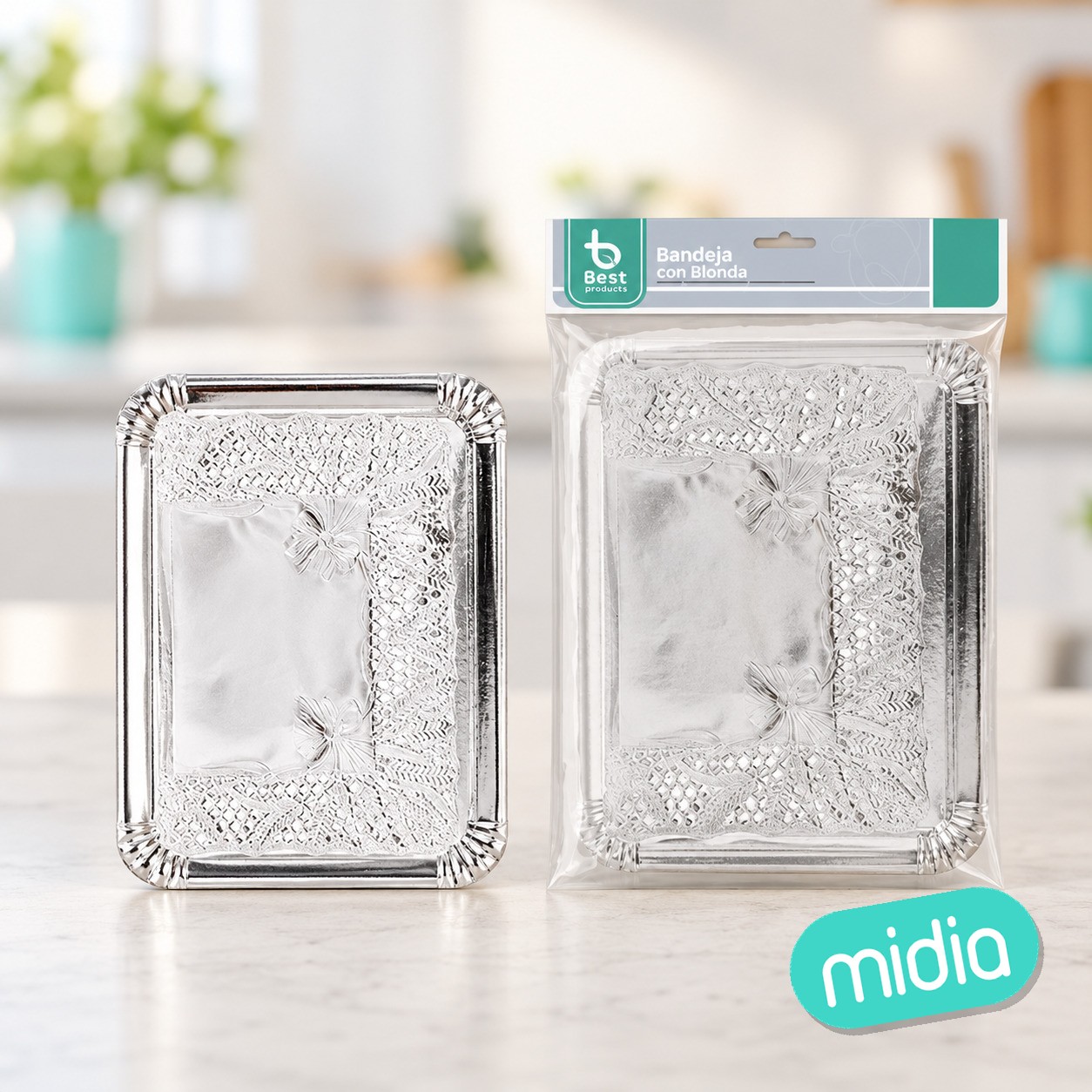 Bandeja rectangular + blonda plata 22 x 28 cm