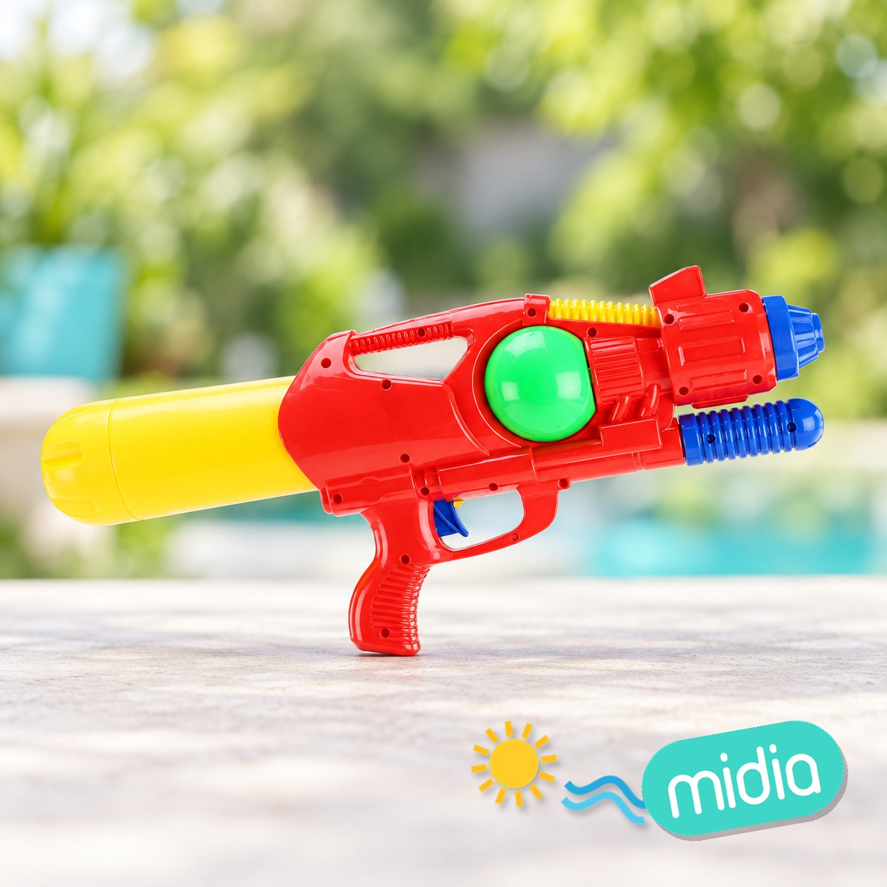 Pistola de agua con cebador 3/c 43 cm bolsa con pestaña.