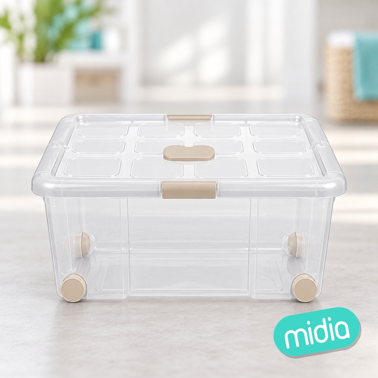 Caja nº5 new box con cierres antipolilla y ruedas 57 l. transparente acc beige