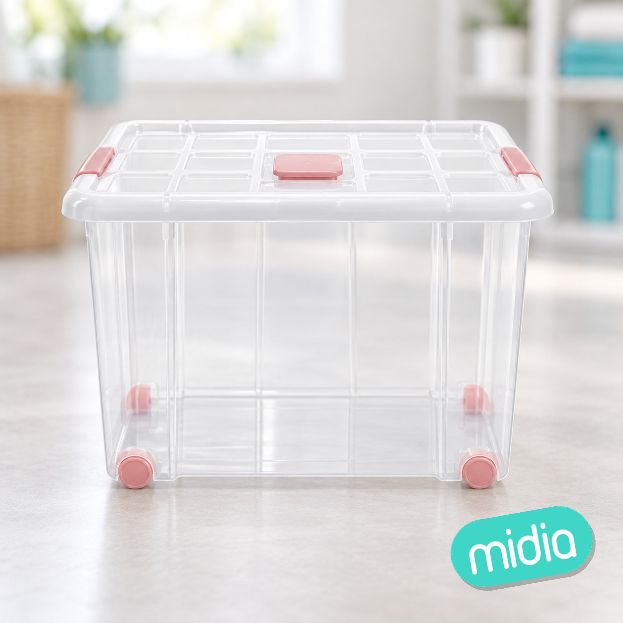 Caja nº8 new box con cierres antipolilla y ruedas 86 l. transparente acc rosa
