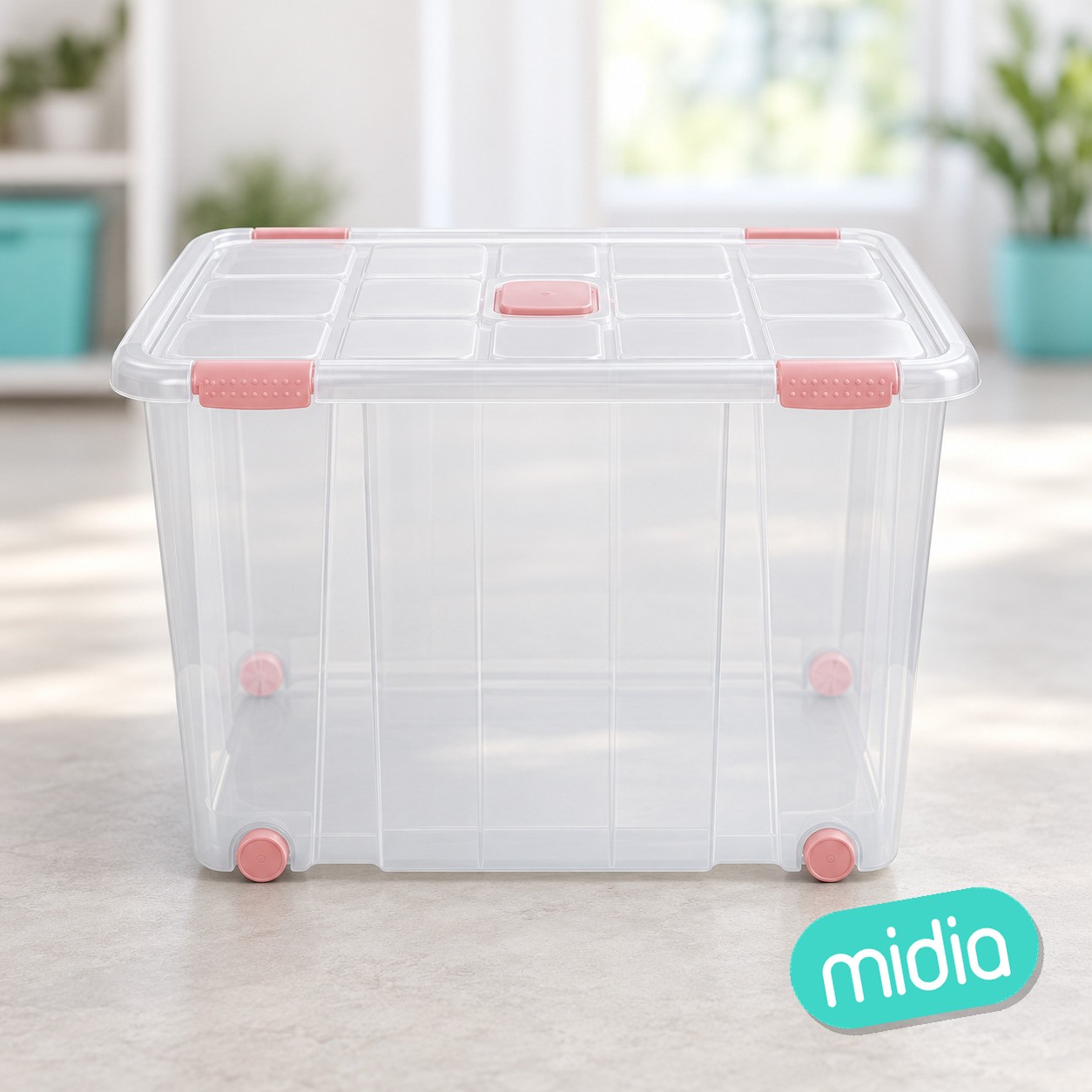 Caja nº19 new box con cierres antipolilla y ruedas 160 l. transparente acc rosa
