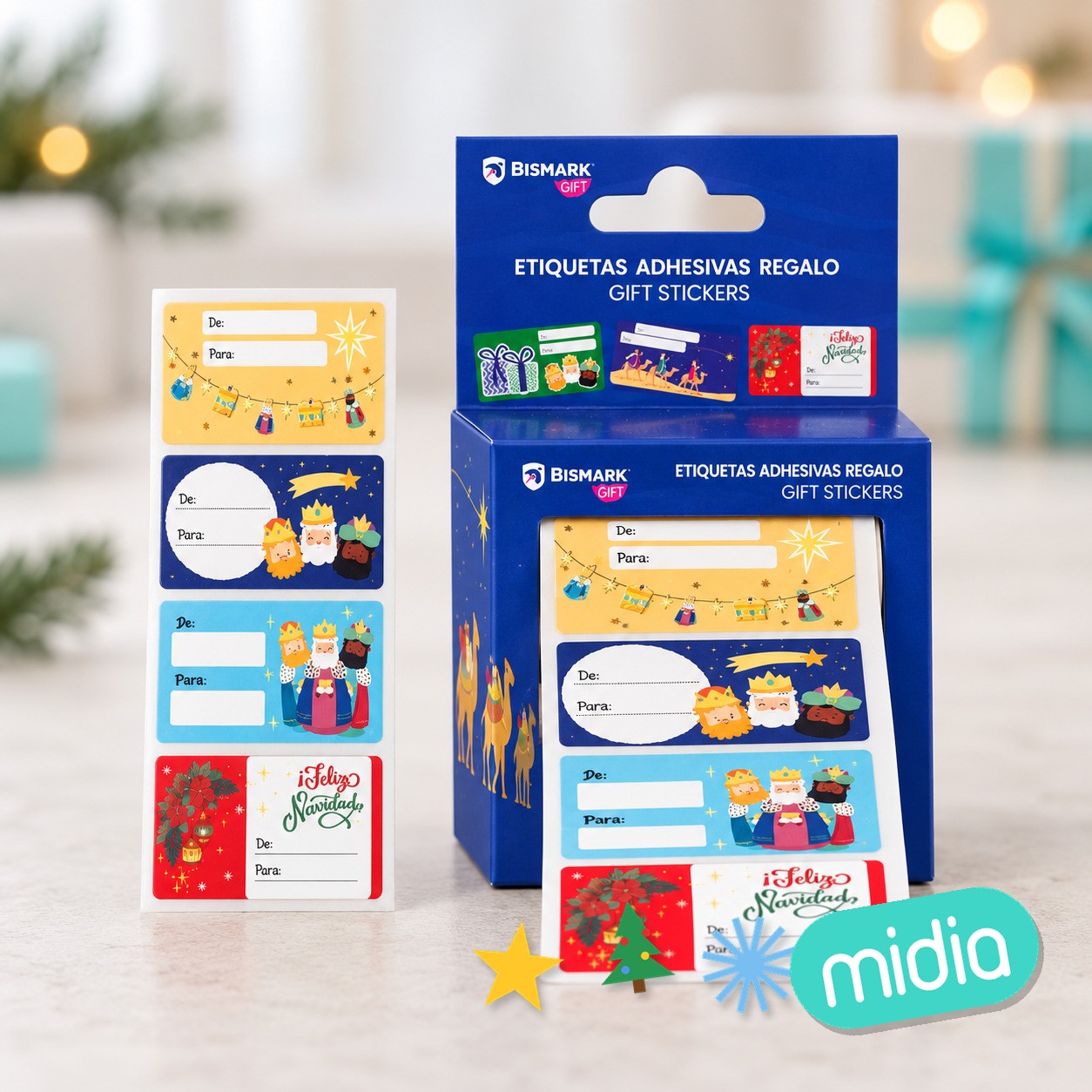 Caja 100 und etiquetas adhesivas para regalos reyes magos