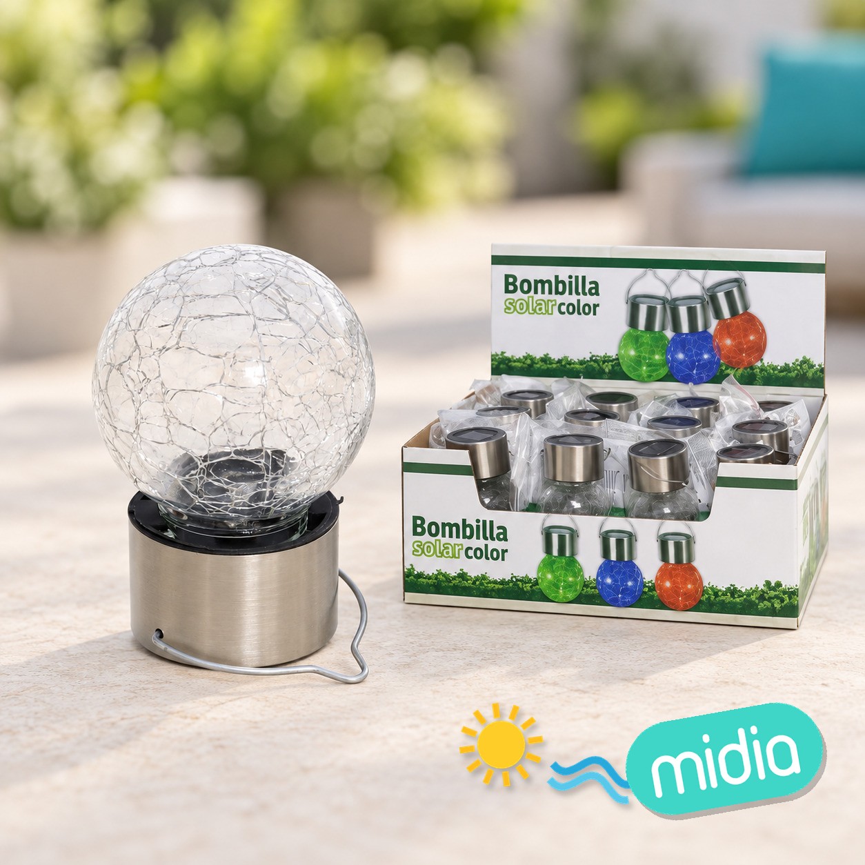Bombilla solar acero/cristal 1led color
