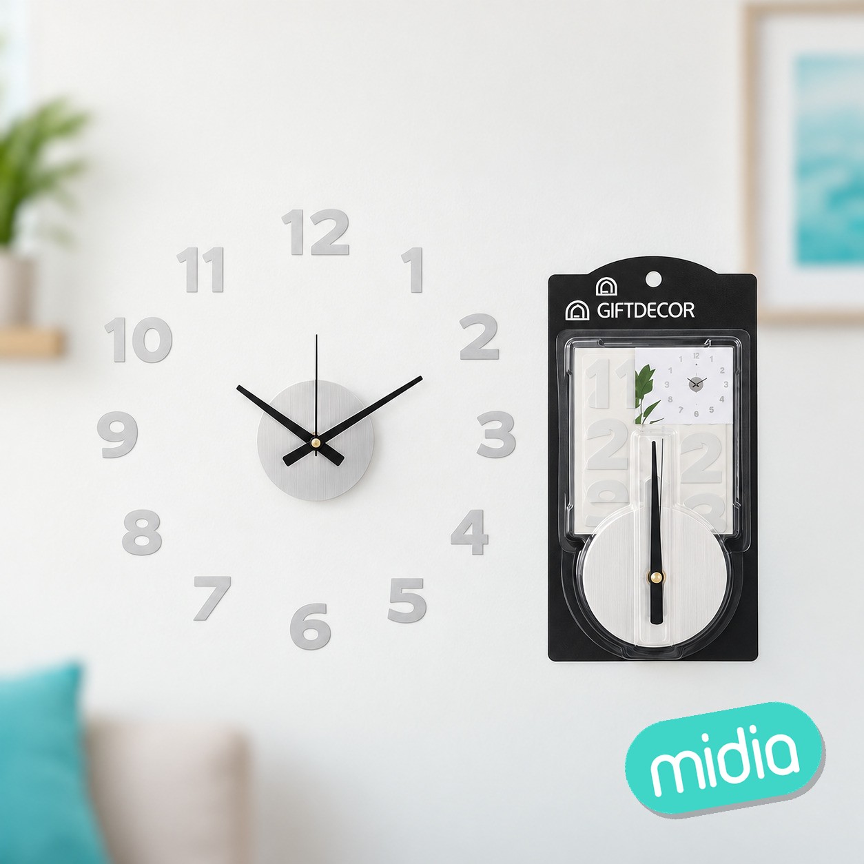 Reloj pegatina 35 cm numeros satinado plata