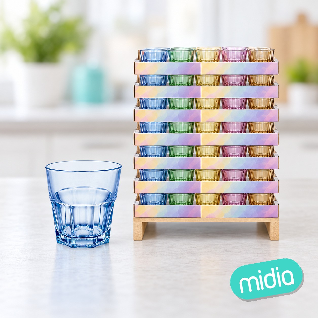 Vaso vidrio 300 ml surt 6 colores display