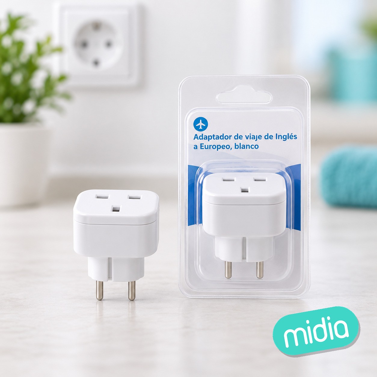 Adaptador de viaje de Inglés a Europeo, blanco