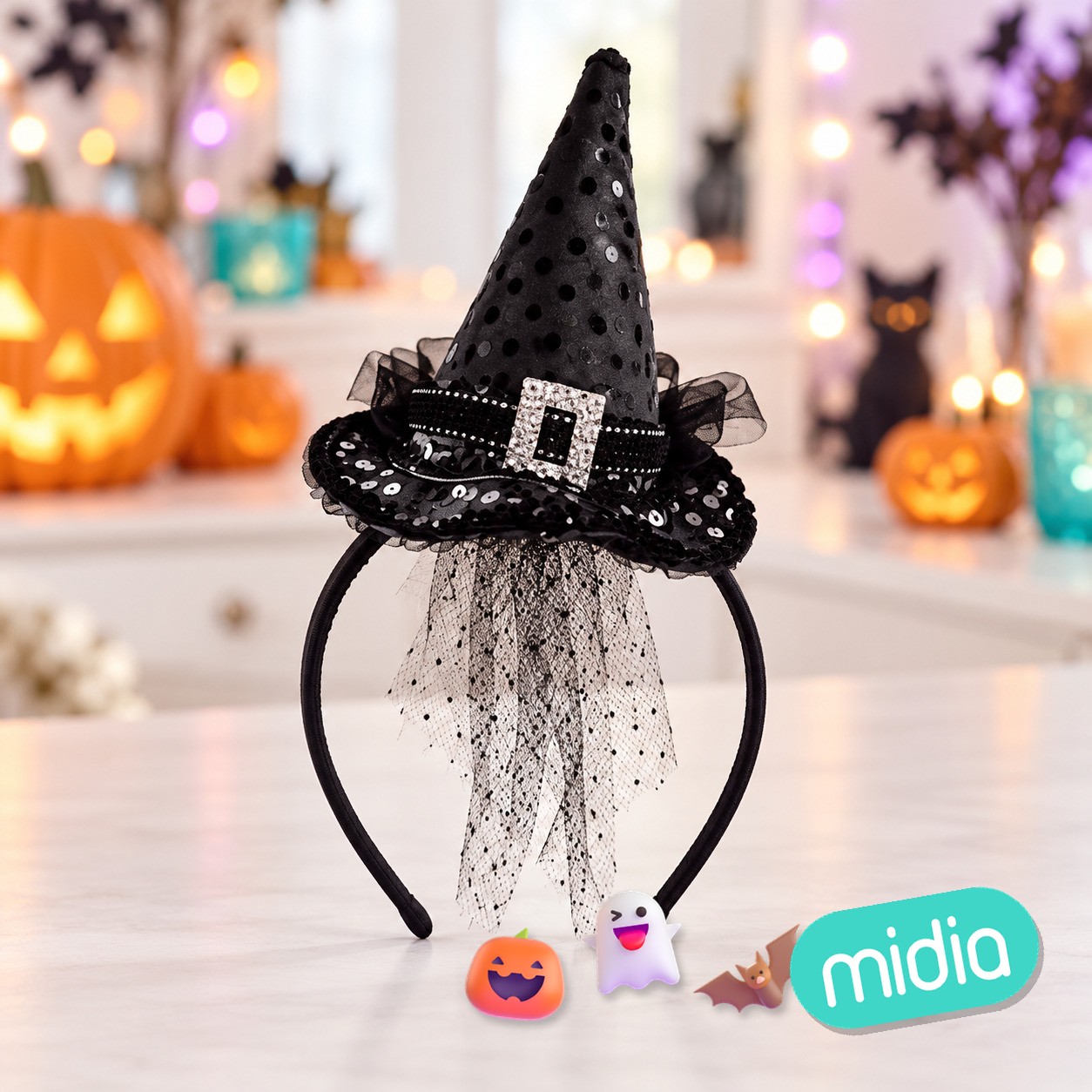 Diadema de bruja con veloy plumas