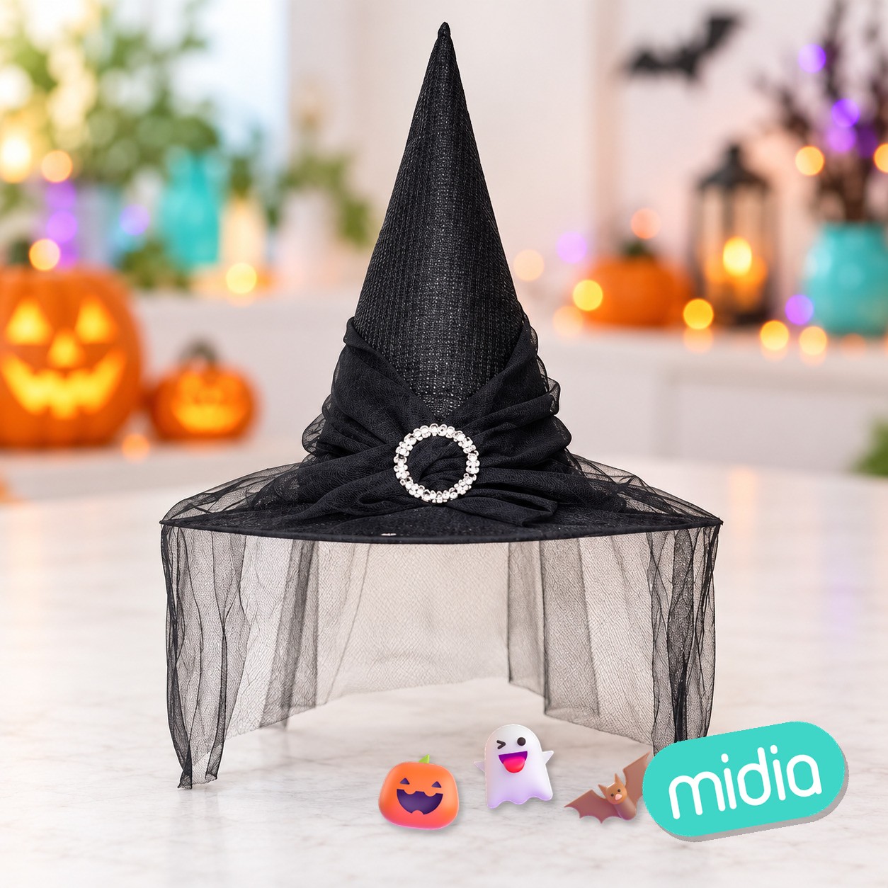Sombrero bruja lurex negro hebilla con tul