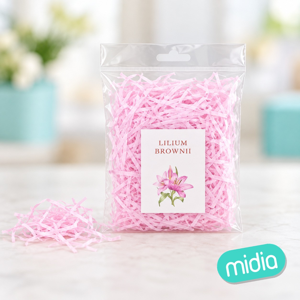 Virutas papel relleno rosa 20g con tarjeta felicitación