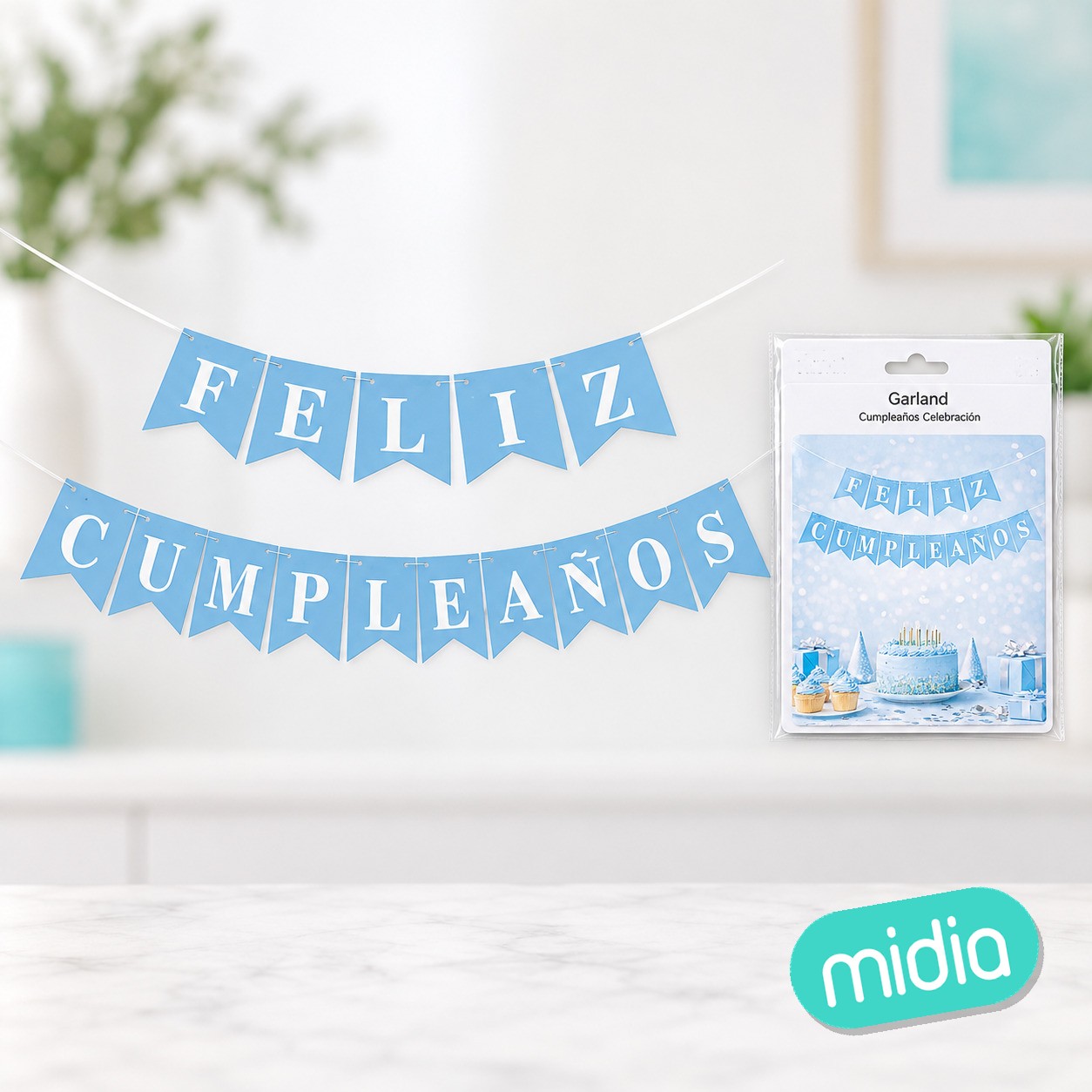 Banderines feliz cumple azul dorado 3m