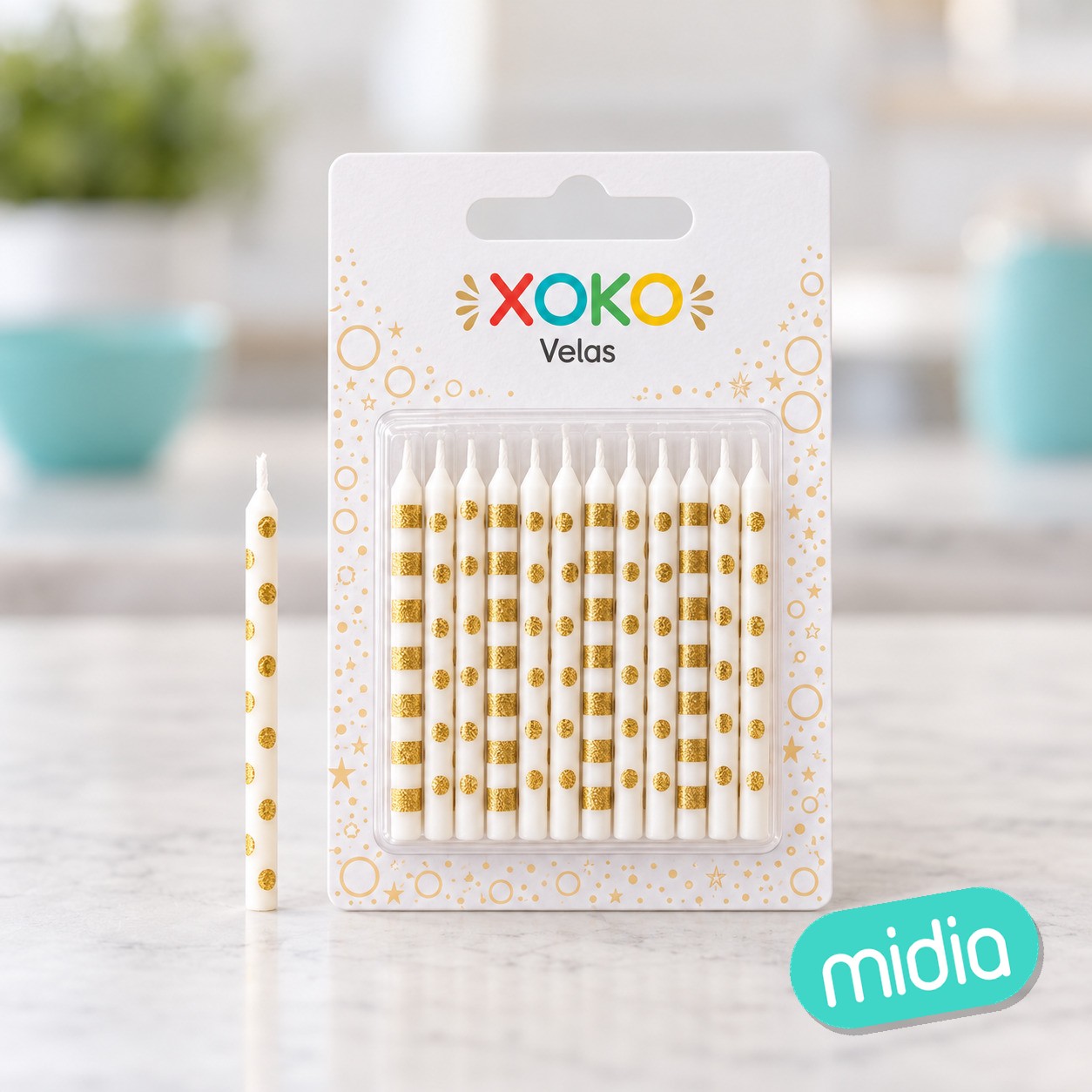 Vela 6cm dots & stripes 12unid dorado