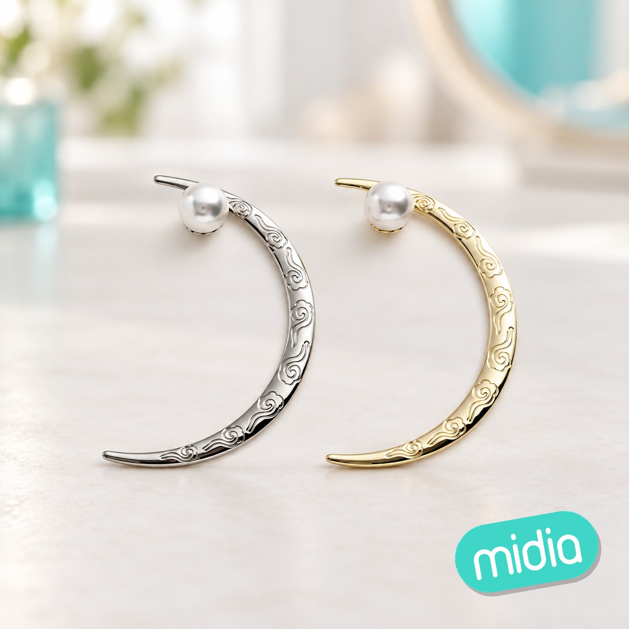 12cm horquilla metalica luna creciente con perla