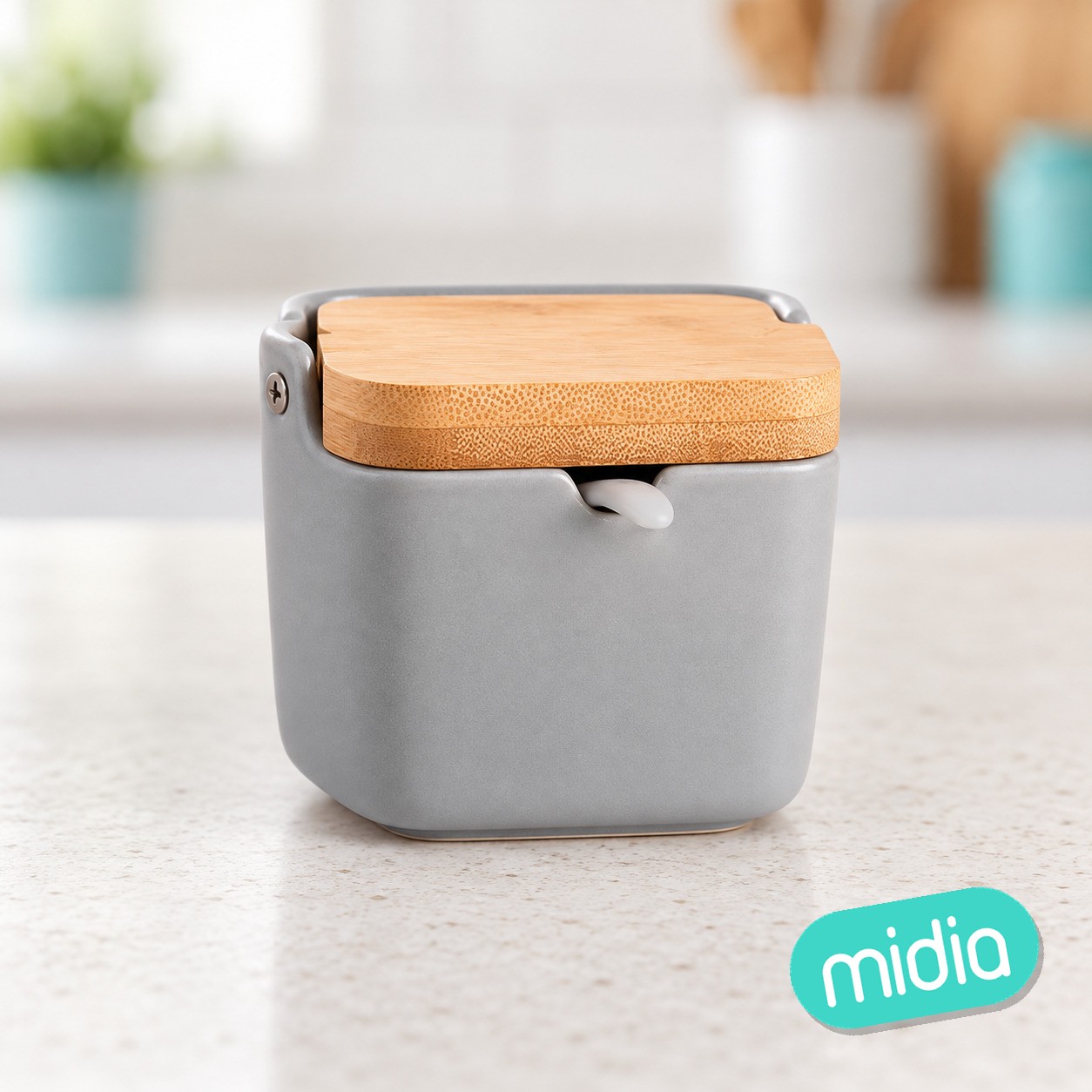 Azucarero tapa bambu con cuchara gris (6/12 - 24)