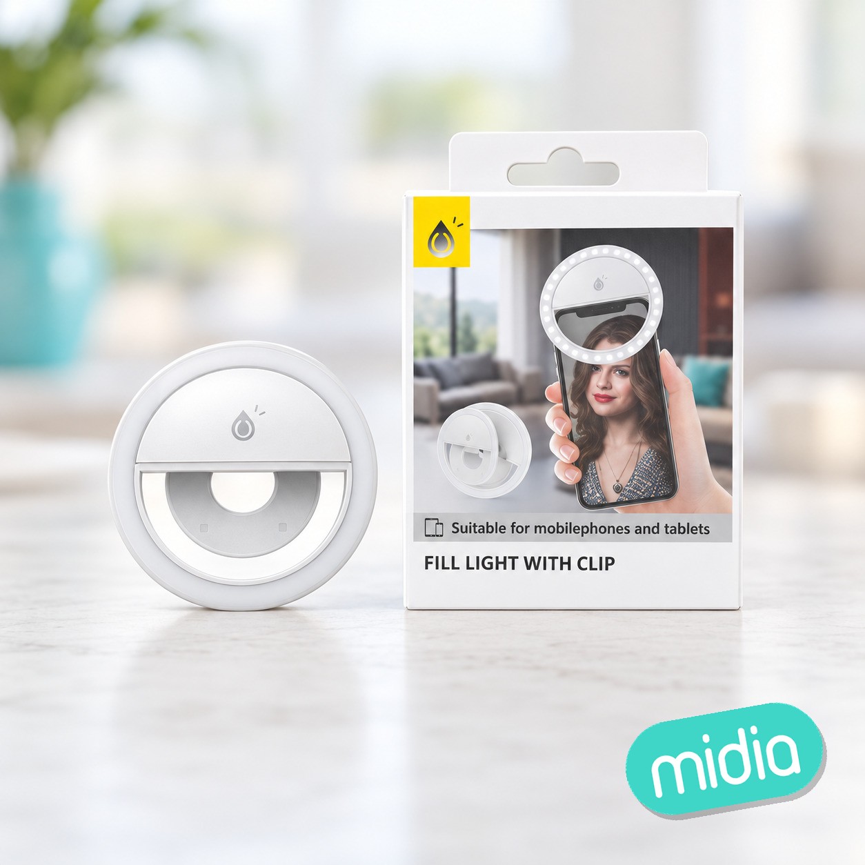 NR9142 BL Mini Anillo Luz LED con Clip Universal para Moviles, 3 Niveles de Brillo, Blanco