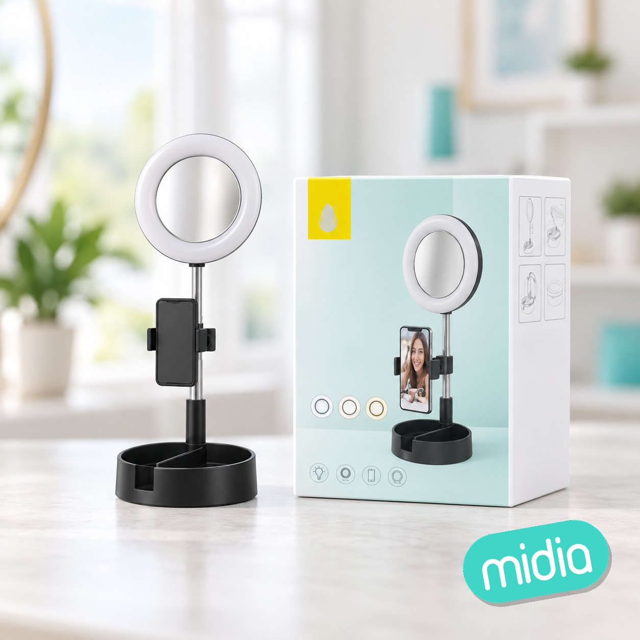 NR9201, NE Anillo de luz con Espejo y Soporte de Movil de 4-6,5 Pulgadas, 3 Tonos de Luz, 10 niveles de brillo, Plegable, Negro