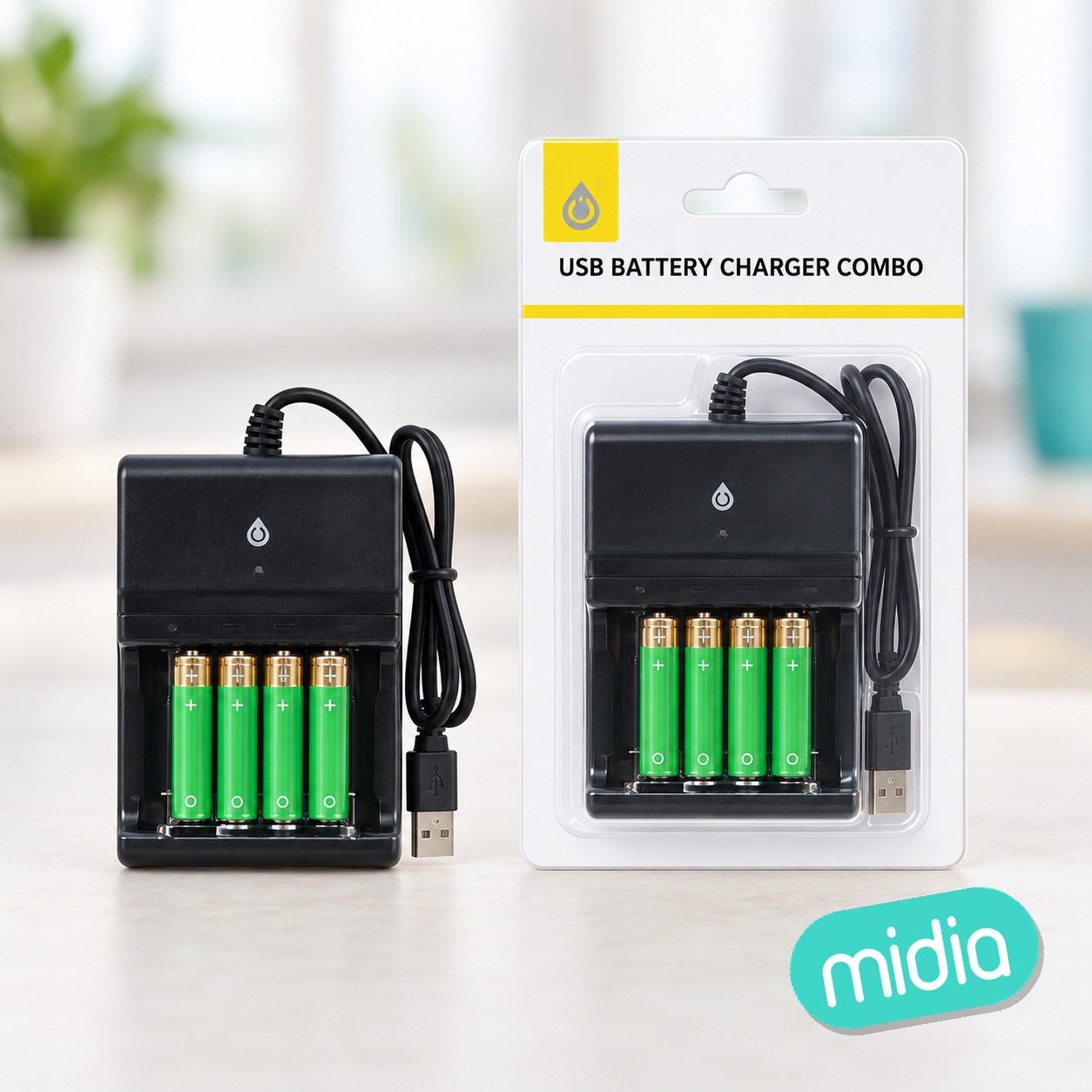 NA0373 Cargador USB de Pilas Ni-MH o NiCd (AA/AAA 1.2V), Incluye 4 Pilas Recargable AAA 1200mAh Ni-MH , Negro
