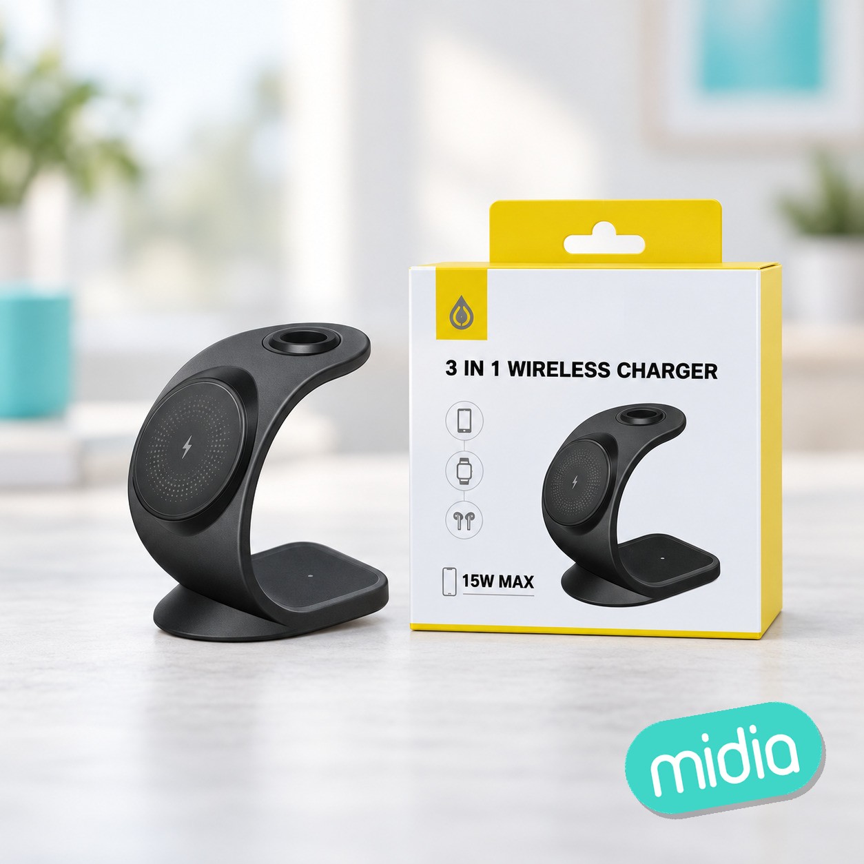 NA0437 NE Cargador Inalambrico 3 en 1(Movil 15W/AirPods 3W/Iwatch 2W), Con Cable Type-C 9V/3A, Negro