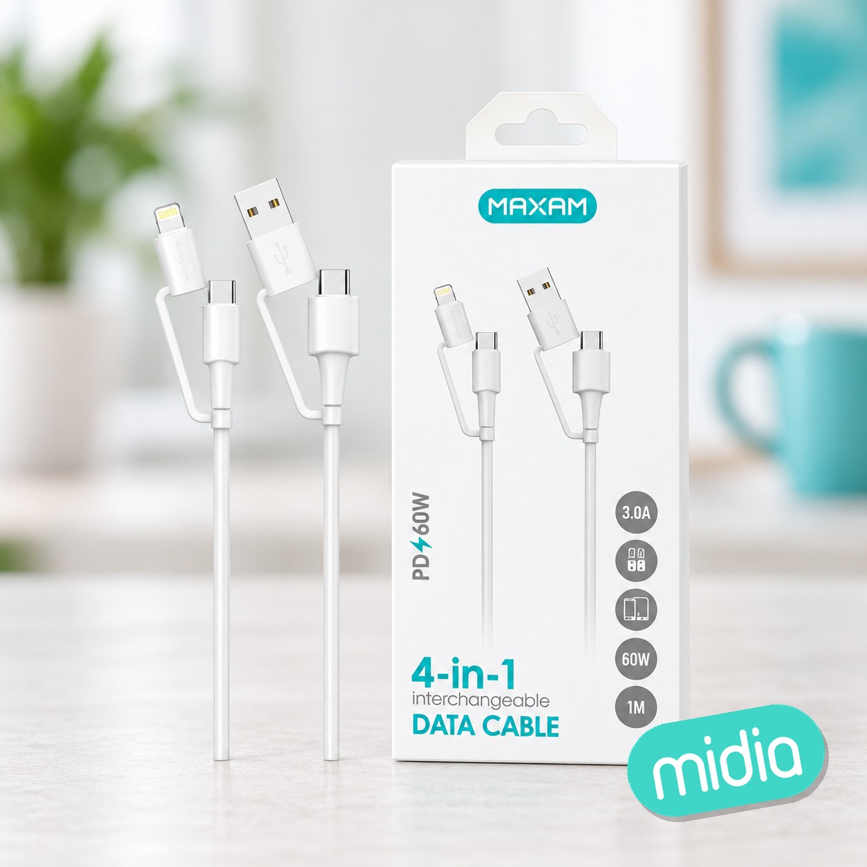 SJ-3130UC Blanco 4 en 1 Tipo C a USB a Tipo C (PD60W) Enchufe intercambiable Lightning (PD27W) 1m