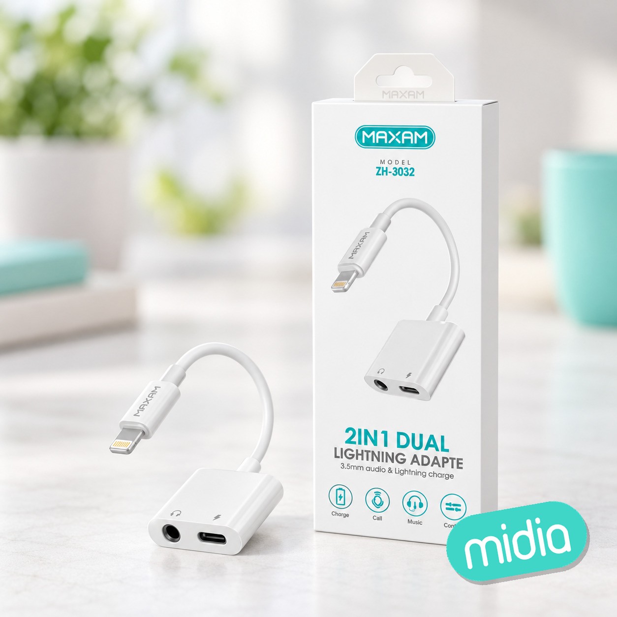 ZH-3032 Bianco Adattatore da Lightning ad audio, ricarica + auricolare per le chiamate, cavo 12 cm