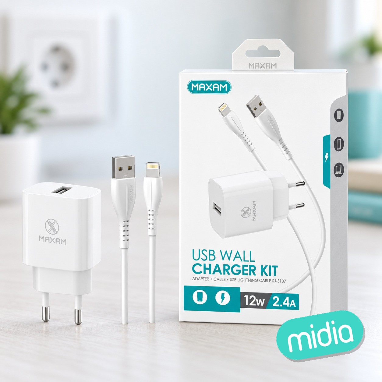 TZ-2209I Kit cargador de viaje blanco de 12 W y Puerto Lightning con cable de 1 m y 2,4 A