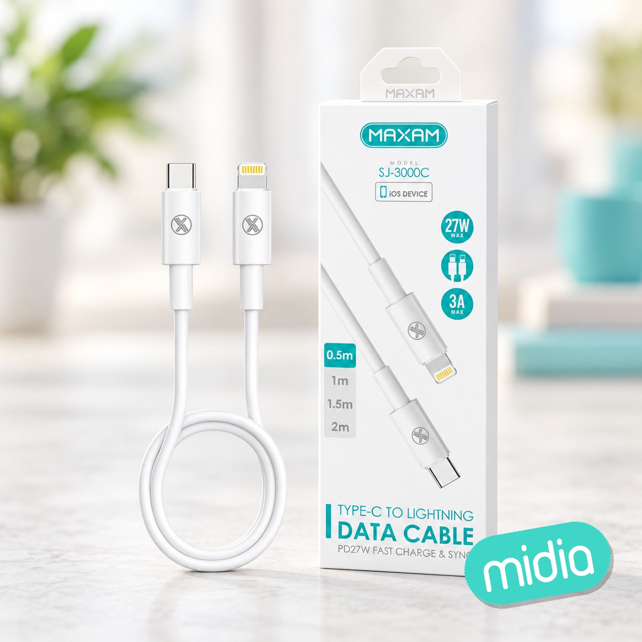 SJ-3000C Cable blanco de tipo C a iluminación TPE+ABS de 27 W y 0,5 m de longitud