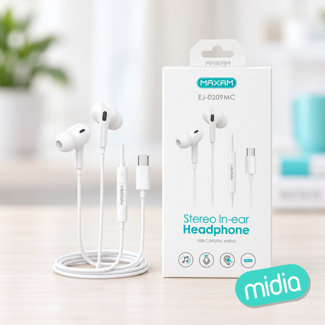 EJ-0209MC Micrófono de diadema estéreo intraauricular tipo C blanco 1,2M