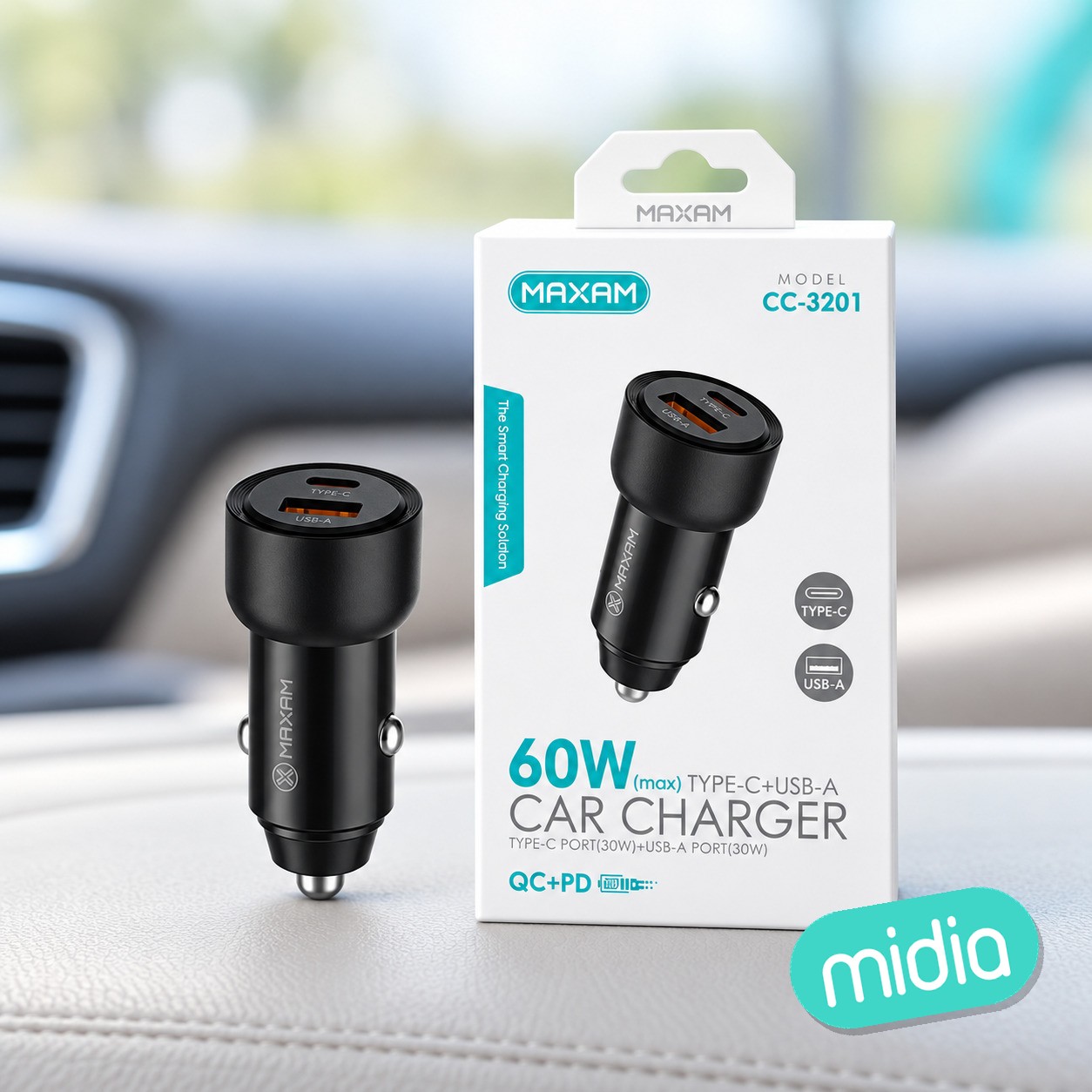 CC-3201 Negro Doble puerto de carga rápida QC USB(30W)&1TYPE-C(30W)/60W