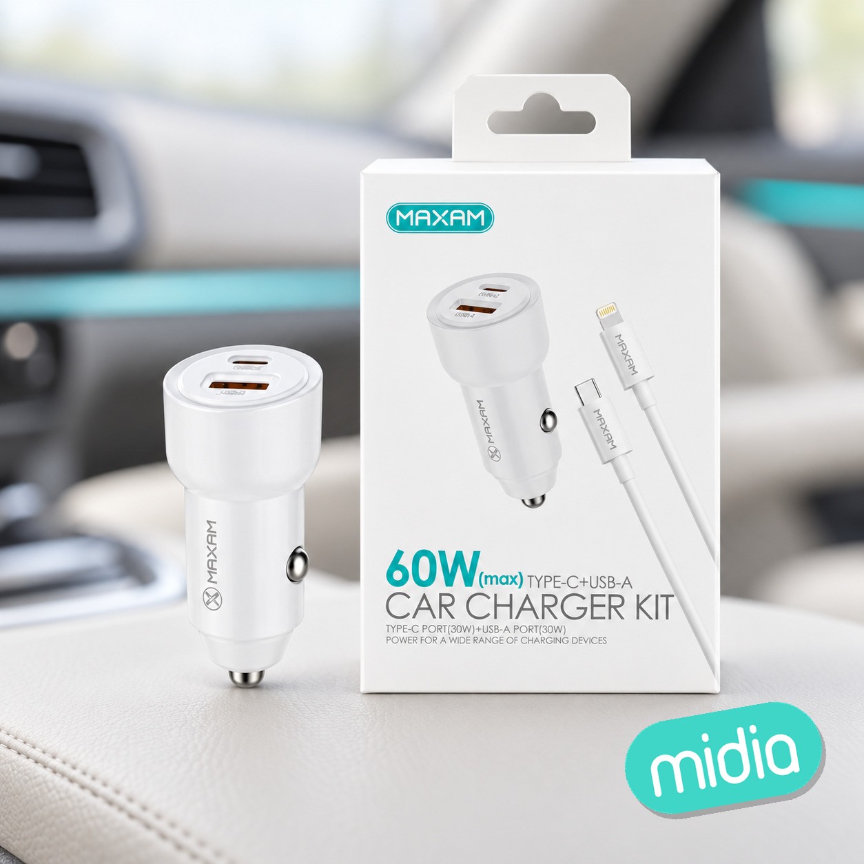TZ-2206I Kit cargador de coche de doble puerto PD/USB blanco de 60 W