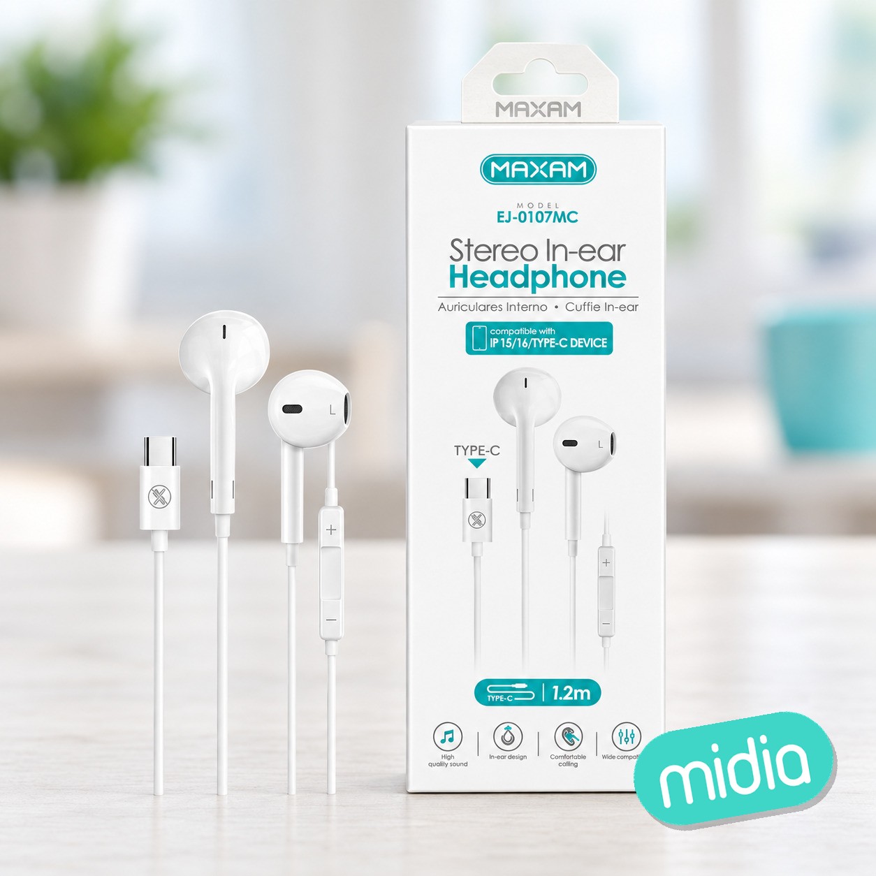 EJ-0107MC Auriculares con micrófono TYPE-C blanco, cable de 1.2 metros (comp iPhone 15)