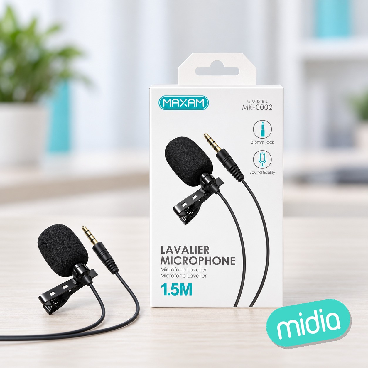 MK-0002 Cable de micrófono de solapa negro con conector de 3,5 mm y longitud de 1,5 m
