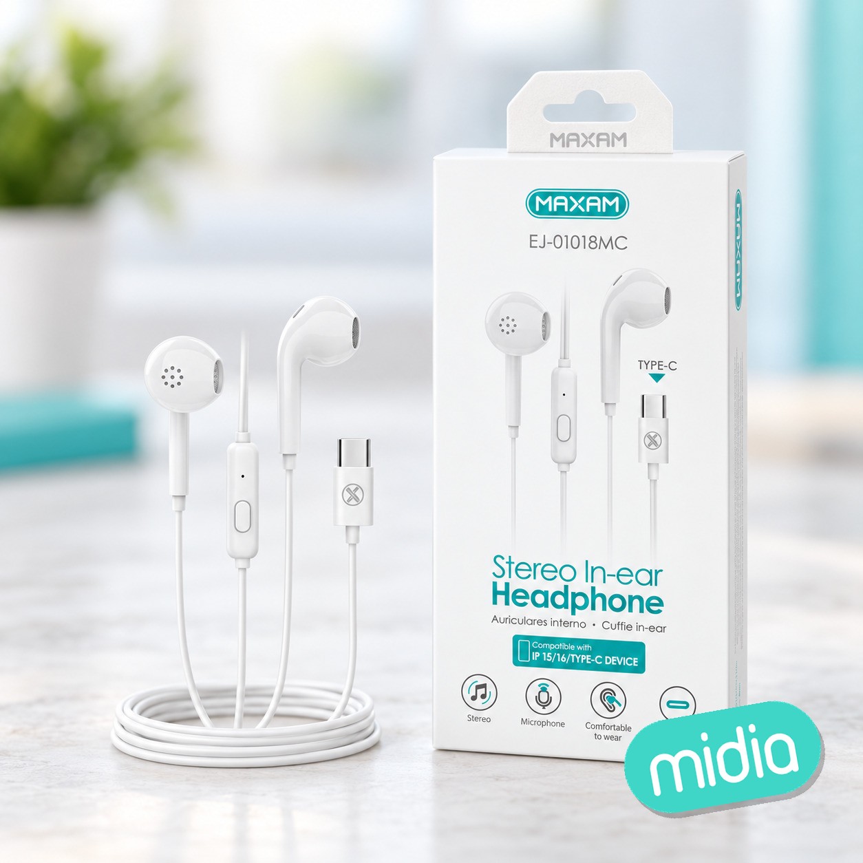 EJ-01018MC Auricular estéreo TIPO-C blanco cable numerico Mic 1.2M Altavoz magnético blanco