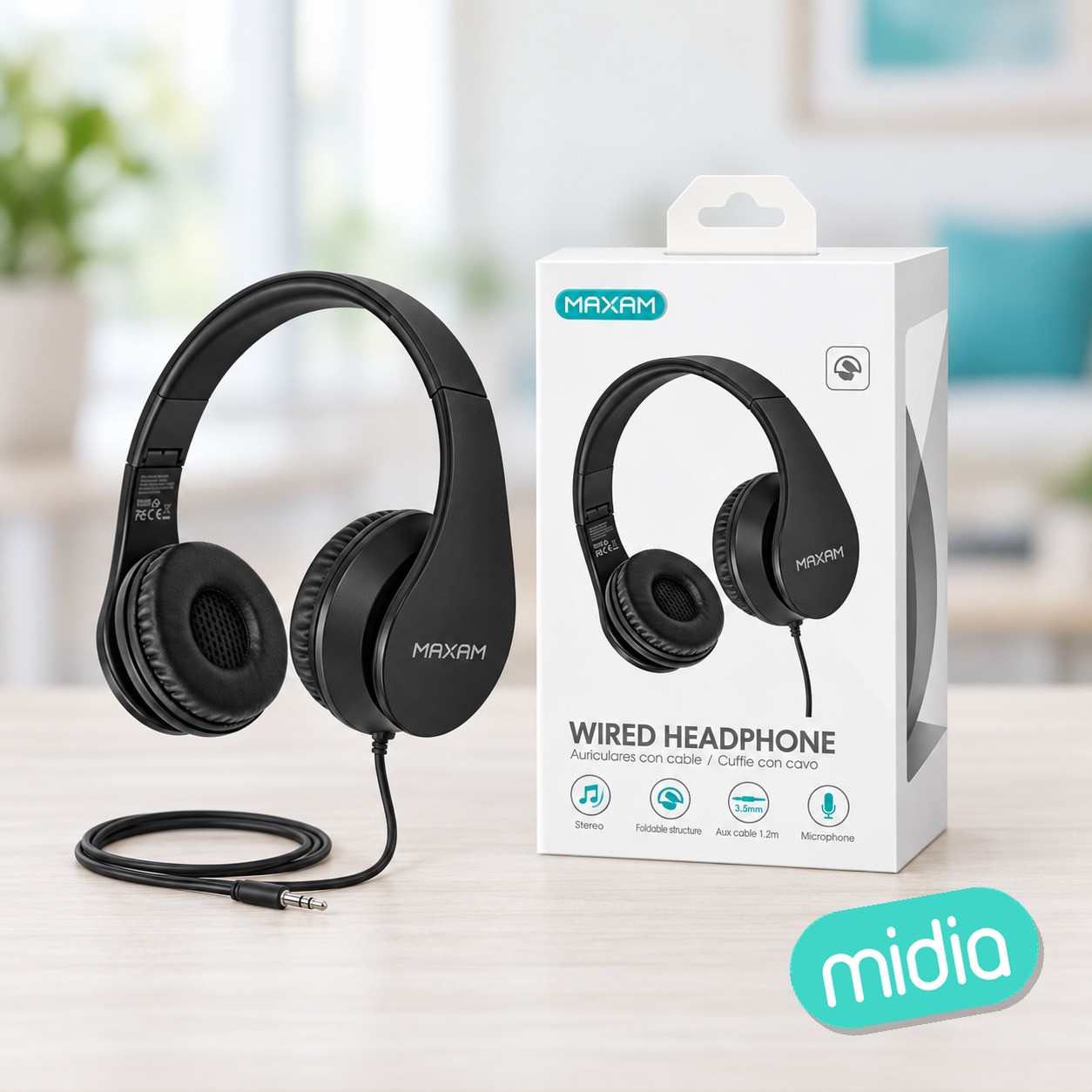 EJ-0303M Auricular diadema plegable negra con cable 40mm/Mic 1,2M
