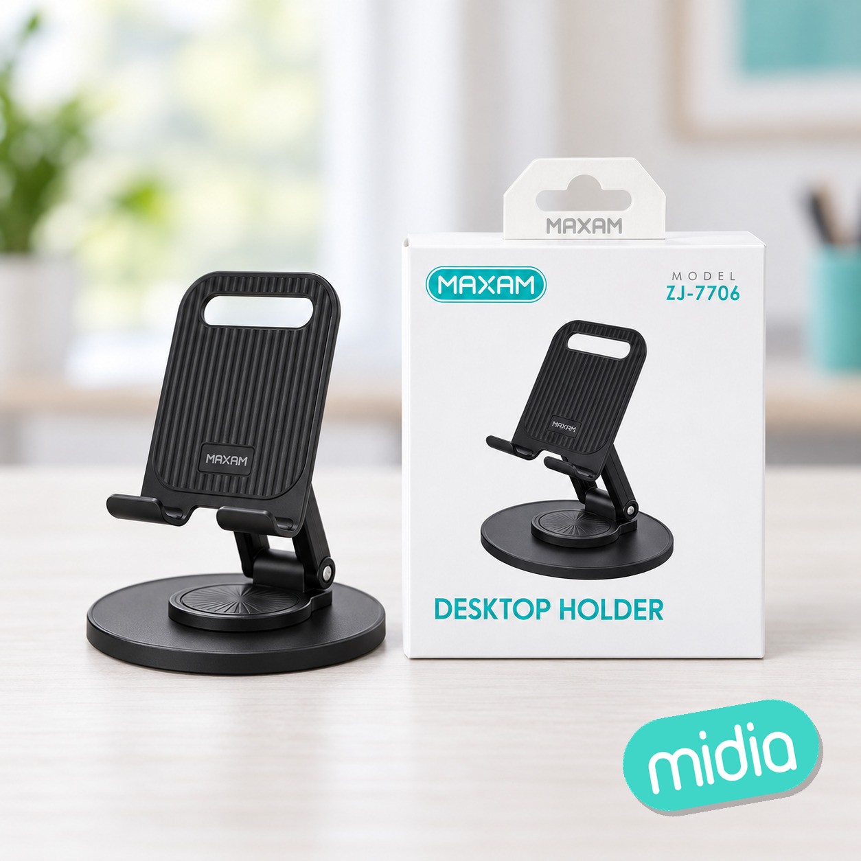 ZJ-7706 Soporte de sobremesa plegable, giratorio y portátil para teléfono móvil, de color negro